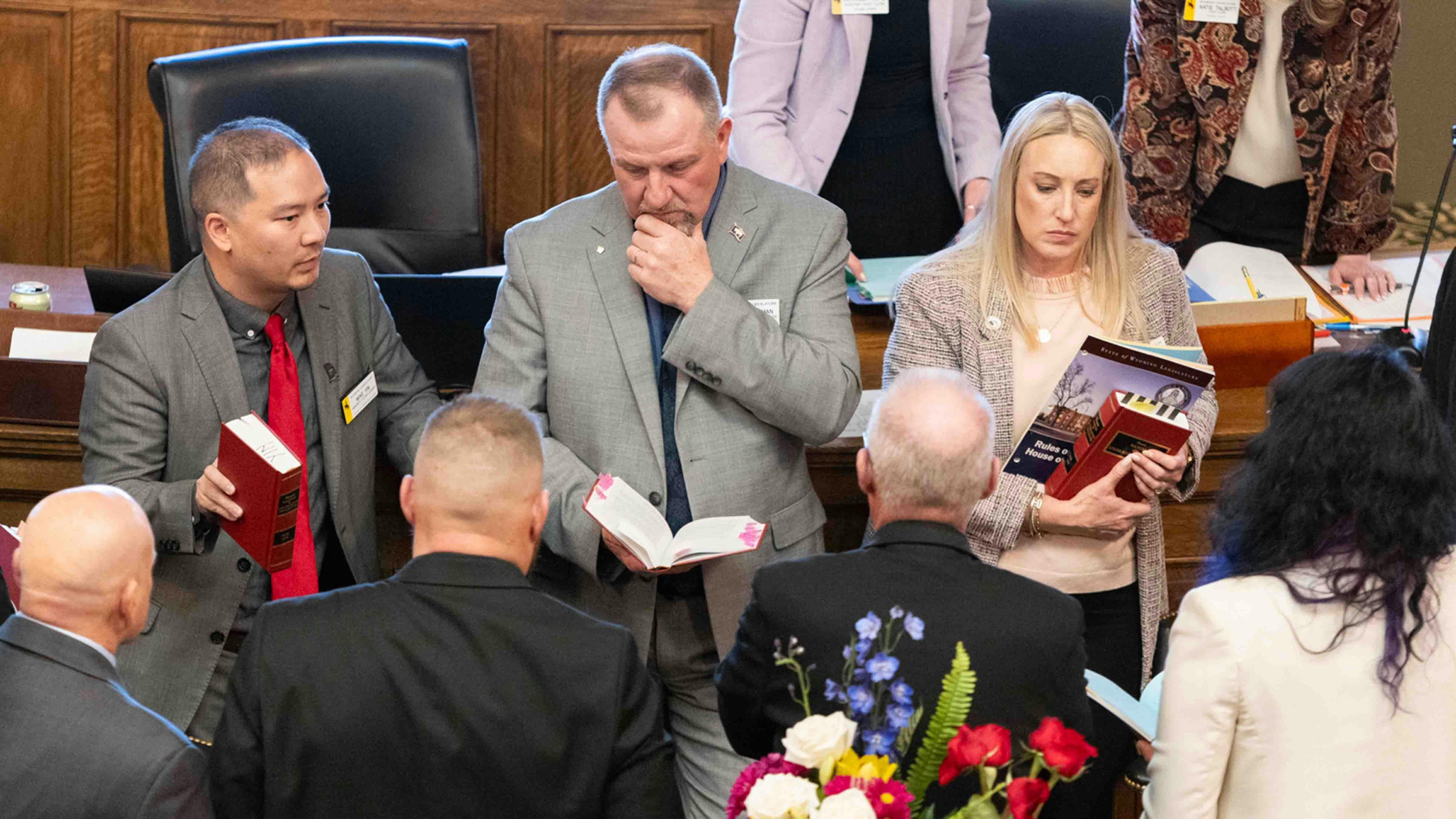 House Speaker Chip Neiman, R-Hulett (center), and Rep. Mike Yin D-Jackson (left), Rep. Abby Angelos, R-Gillette (right.