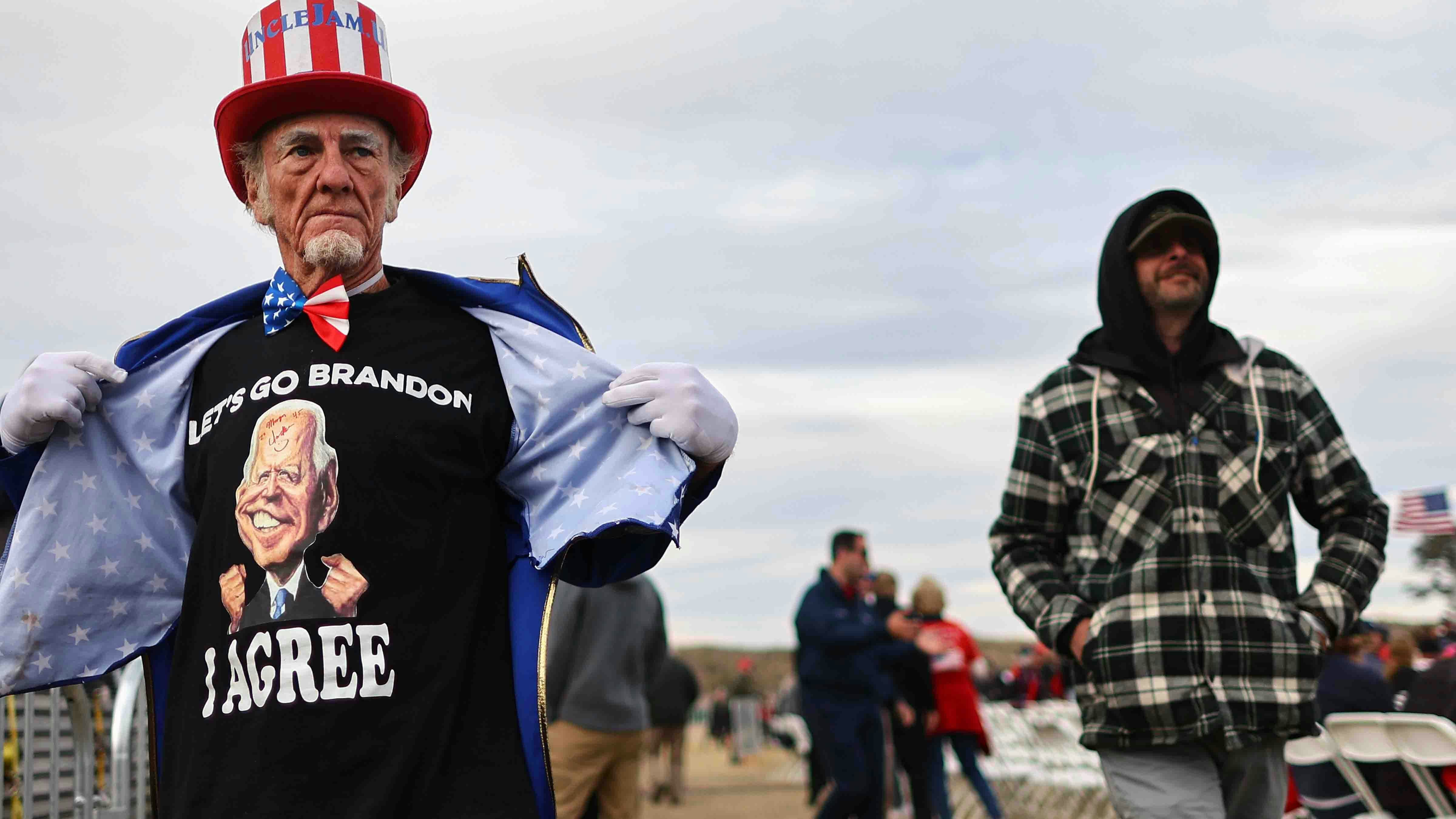 Duane Schwingel displays a 'Let's Go Brandon' shirt at a rally by former President Donald Trump at the Canyon Moon Ranch festival grounds on January 15, 2022 in Florence, Arizona.