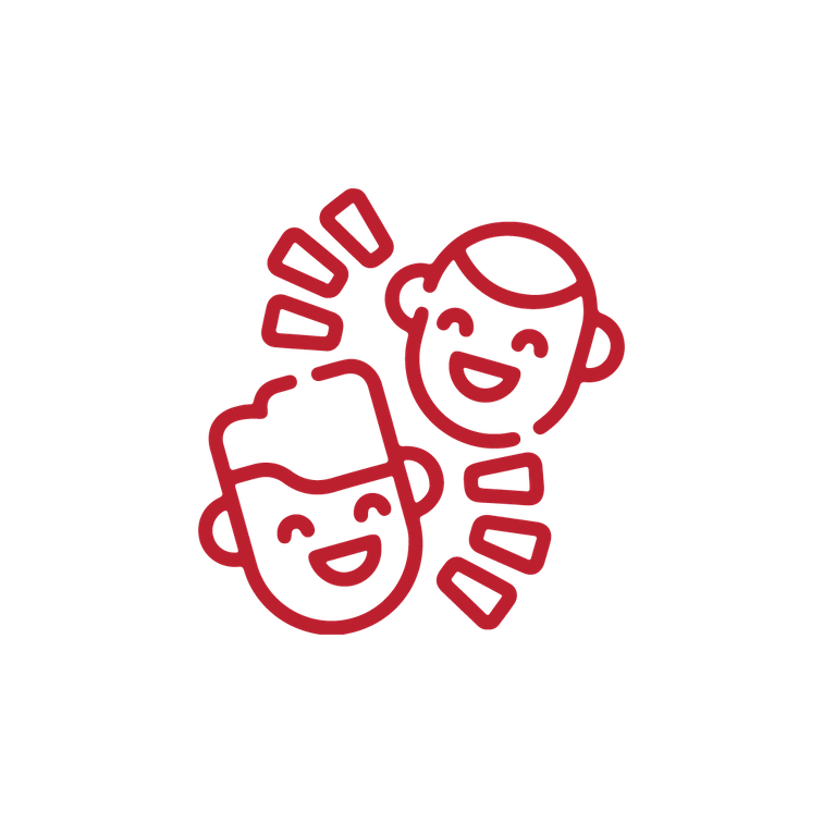 Red line drawing of two faces depicted laughing.