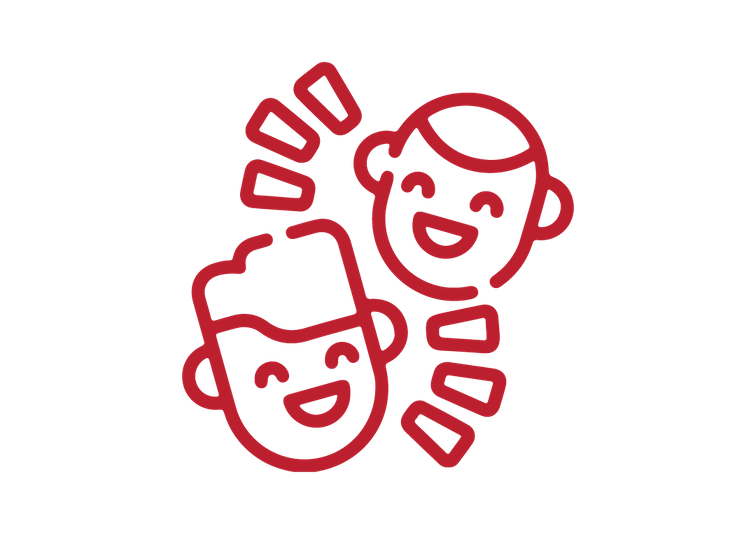 Red line drawing of two faces depicted laughing.