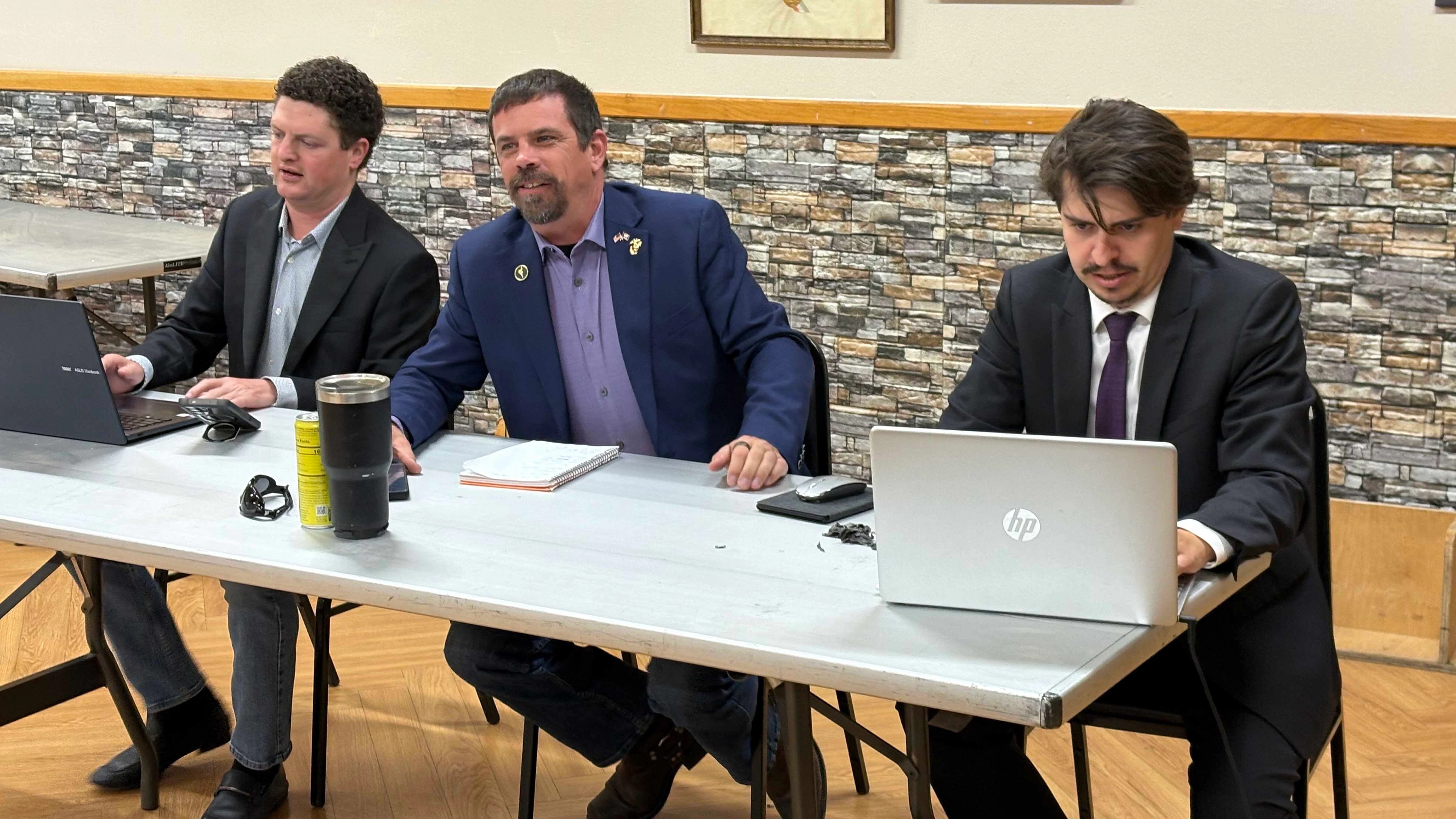 Wyoming Libertarian Party Chair Zachary Padilla sat with Convention Chair and former Rep. Marshall Burt, and Apollo Pazell, who served a parliamentarian function during Sunday’s party convention in Green River
