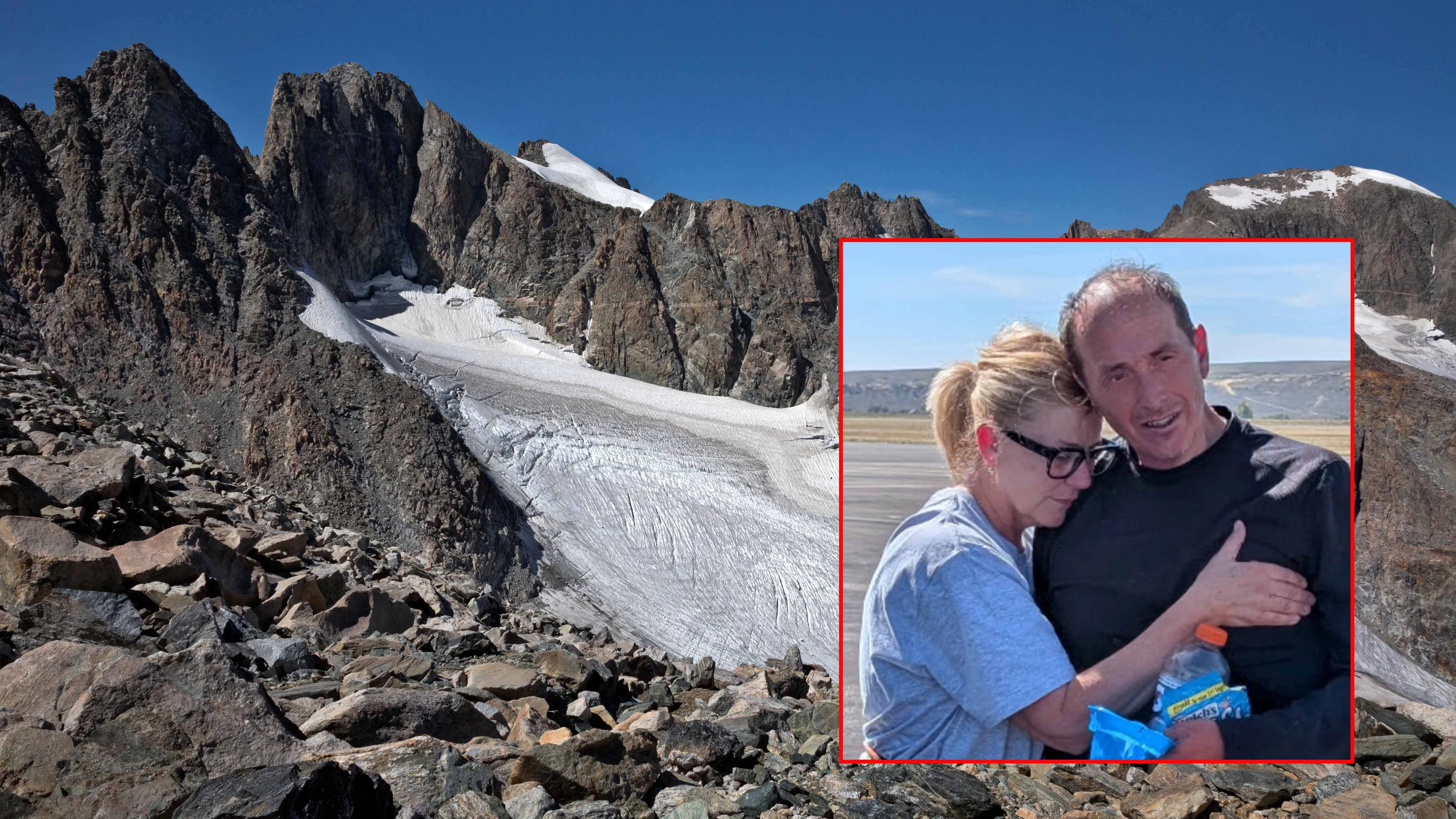 View of Gannett Peak from Dinwoody Pass in Wind River Range. Inset: Shaun Mackelprang embraces his sister Sheila after being rescued from Wyoming’s Wind River Range on Wednesday