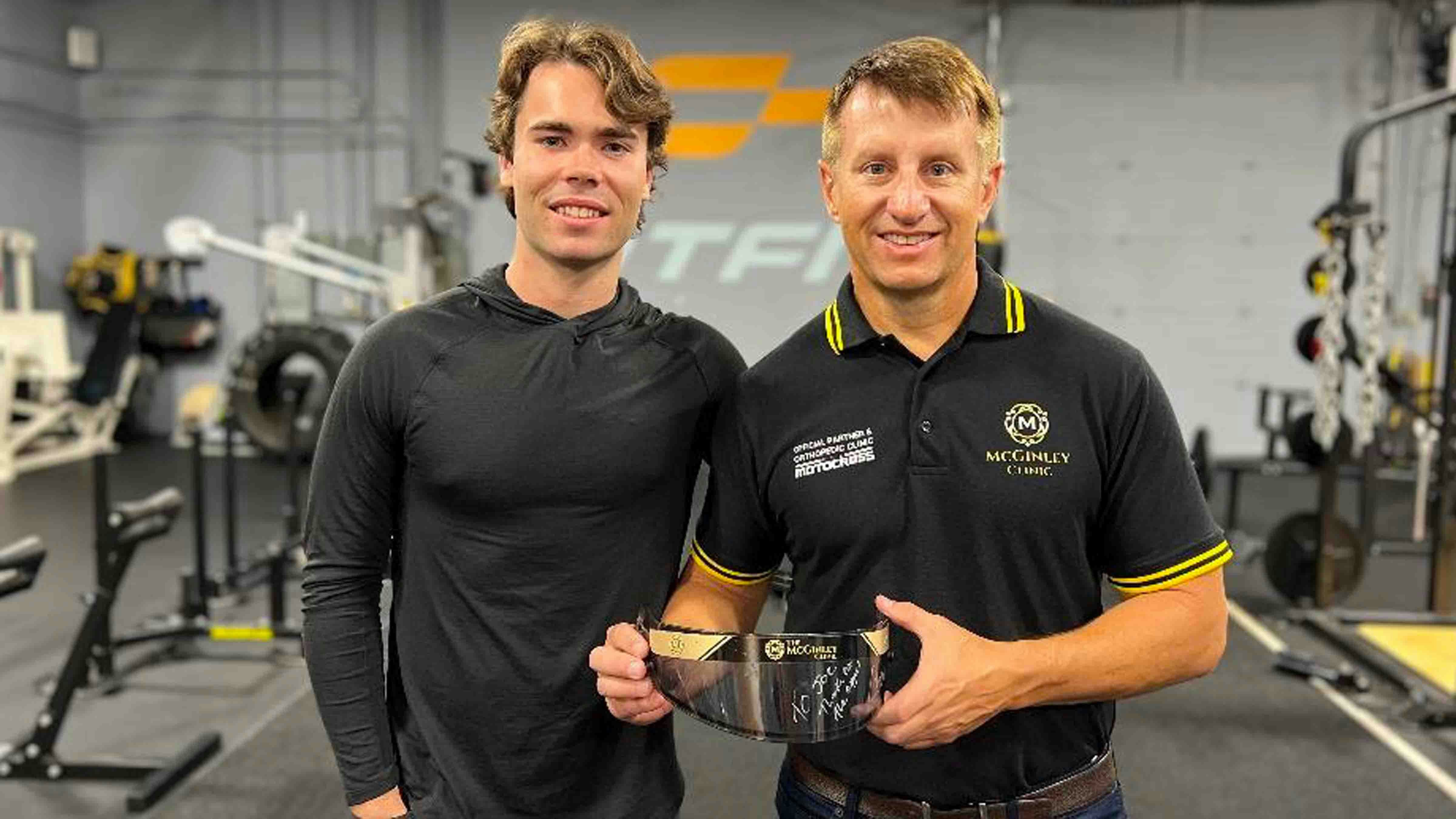 Dr. McGinley and Lochie Hughes at an elite racer training facility, Pit Fit, in Indianapolis, IN. Dr. McGinley was there educating racers and their teams about common orthopedic injuries and the latest treatments.