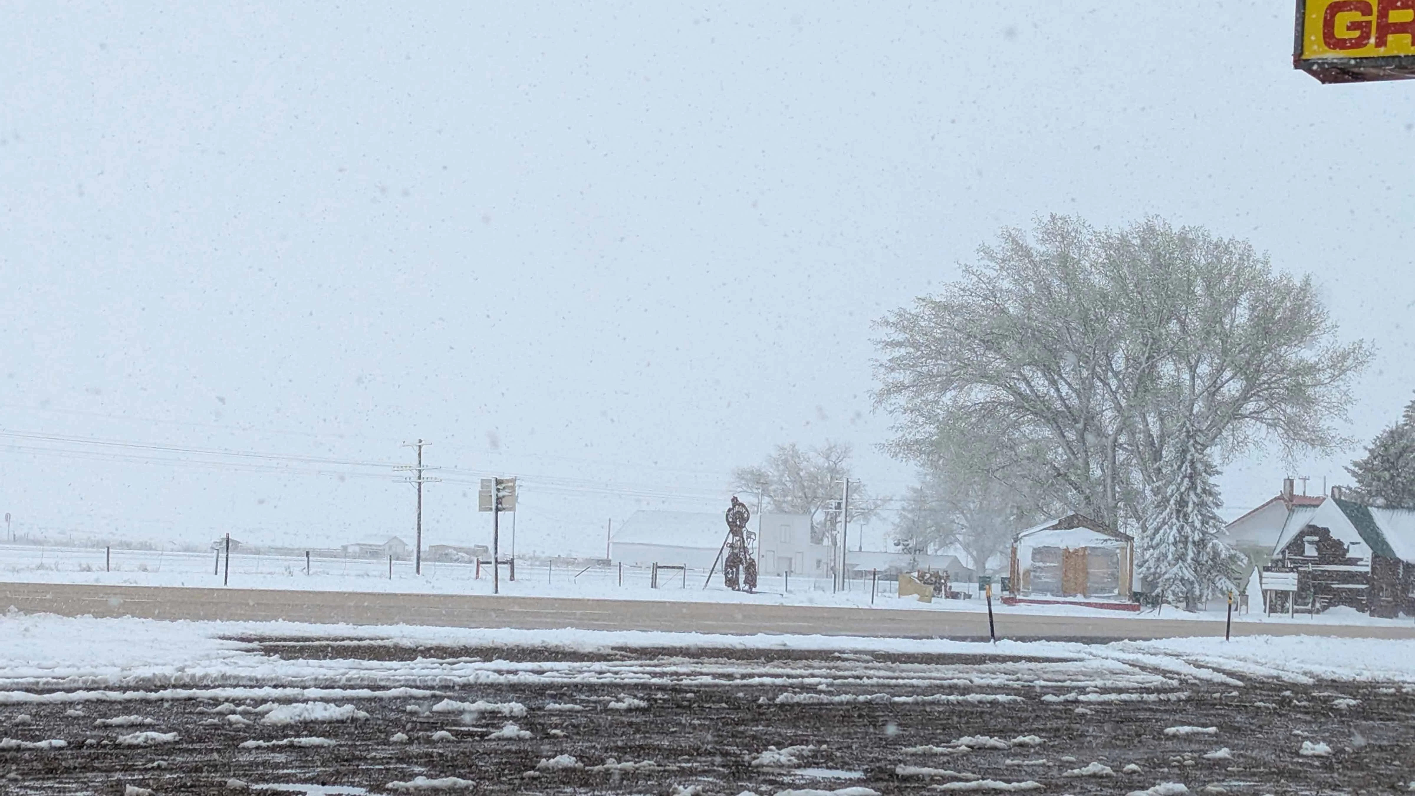 Snowy conditions in Medicine Bow at JB's Stop-N-Shop