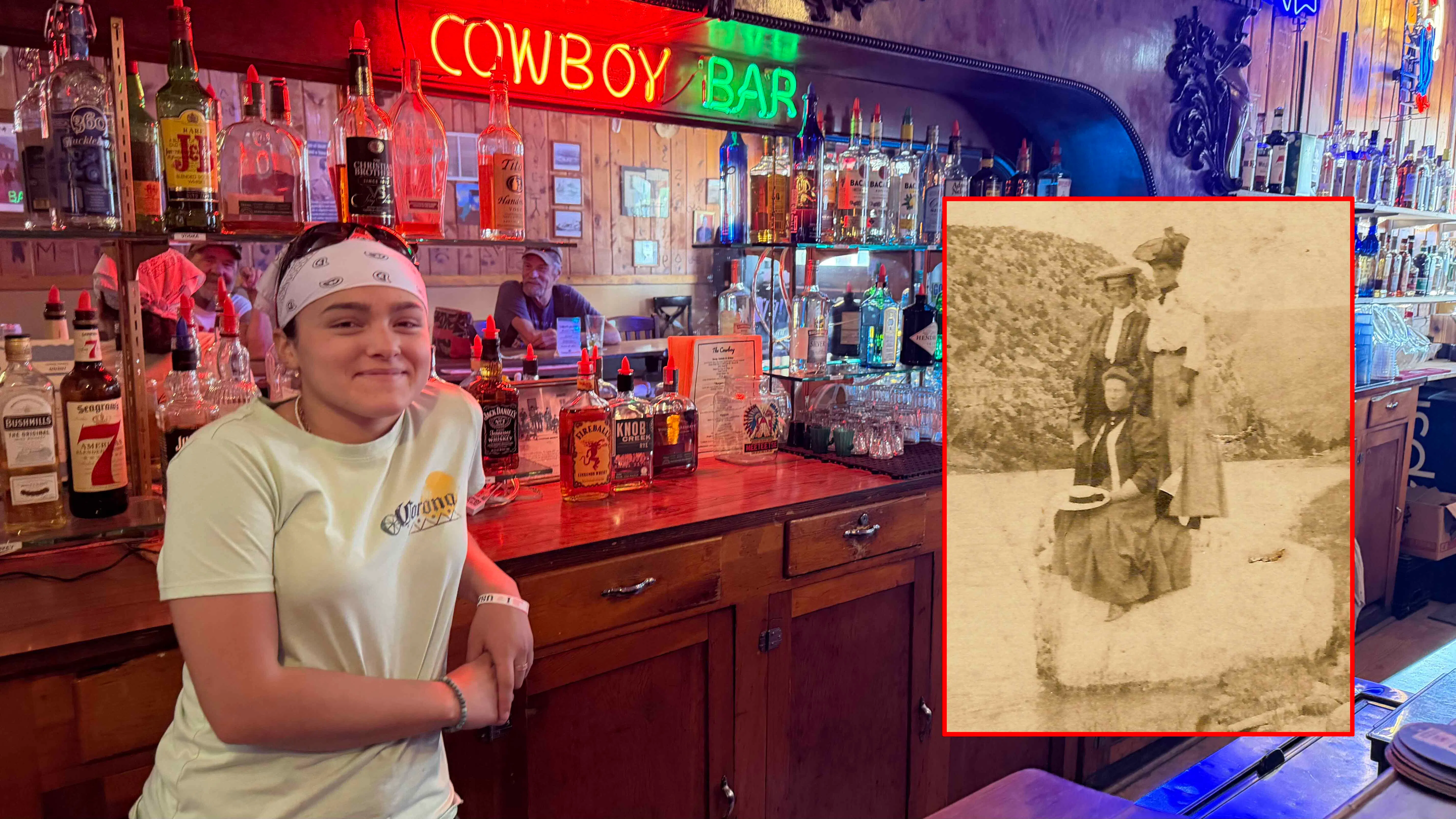 Ella Randol, an employee at the Cowboy Bar & Cafe, claims that the bar in Meeteetse is haunted by three spirits. The most dominant spirit is a woman that Randol believes is Sylvia Mikkelson, a founder of Meeteetse who once ran a dry goods store on the same block the Cowboy Bar & Cafe is on now.