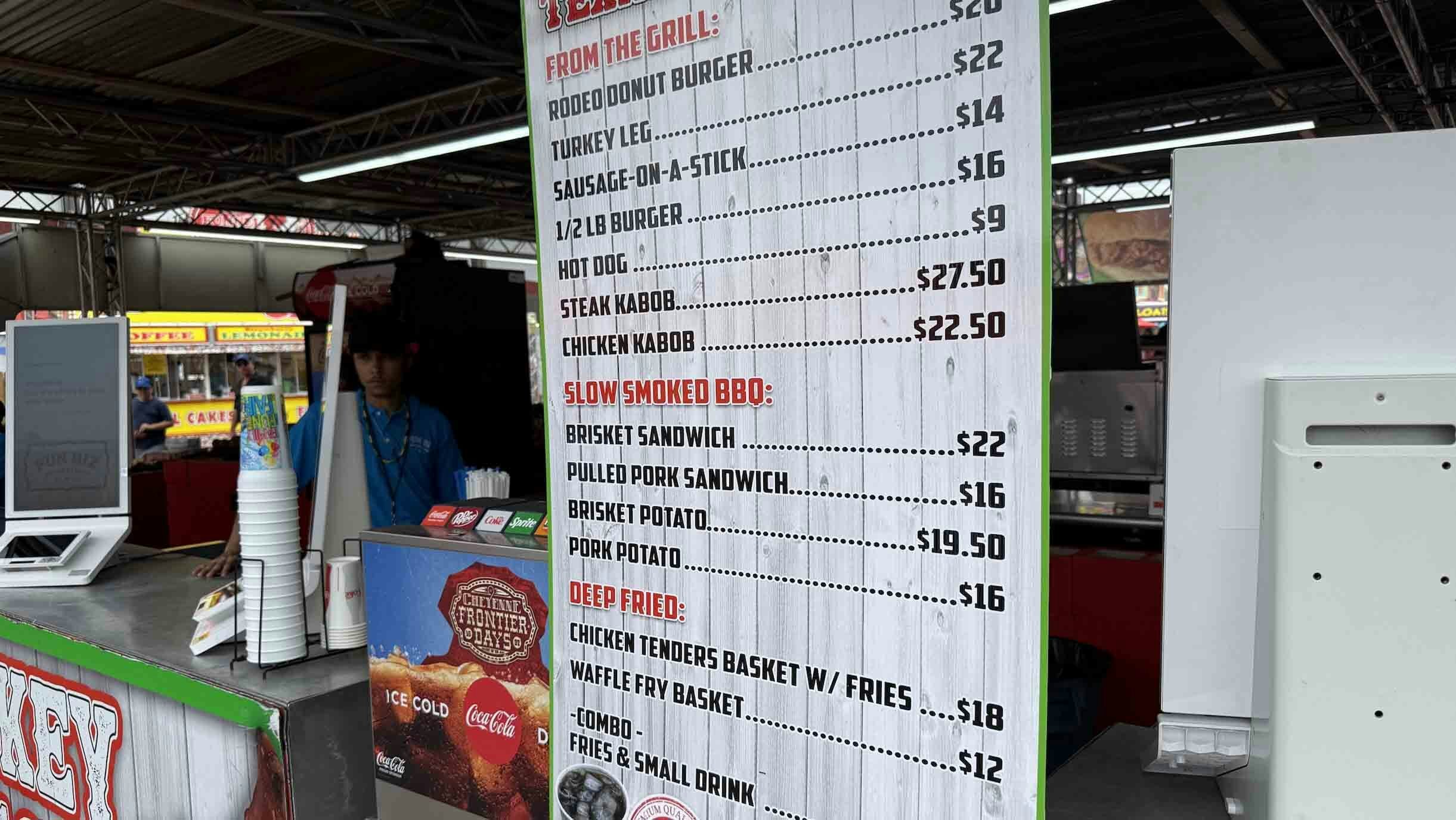 Menu items at the 2025 Cheyenne Frontier Days carnival.