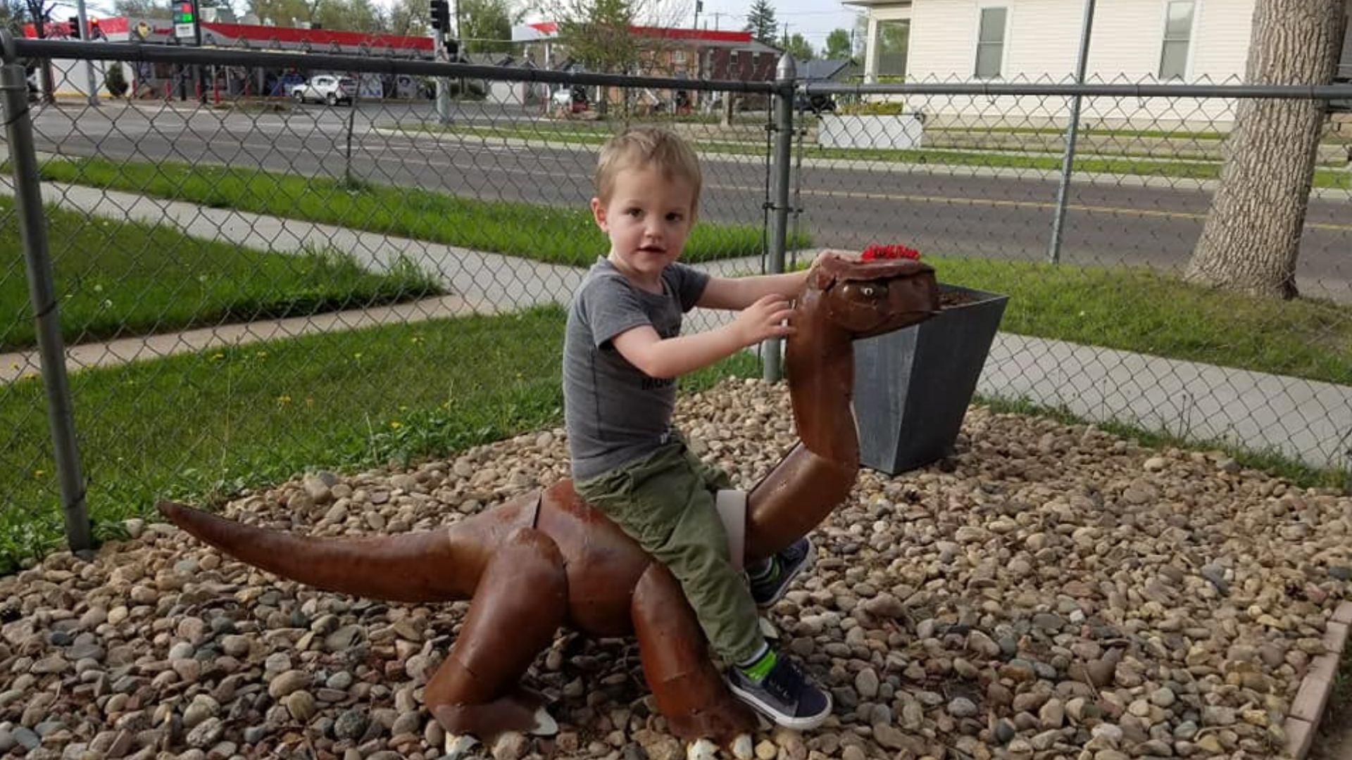 Dino, a small brontosaurus sculpture, was stolen from a Cheyenne family's yard last week.