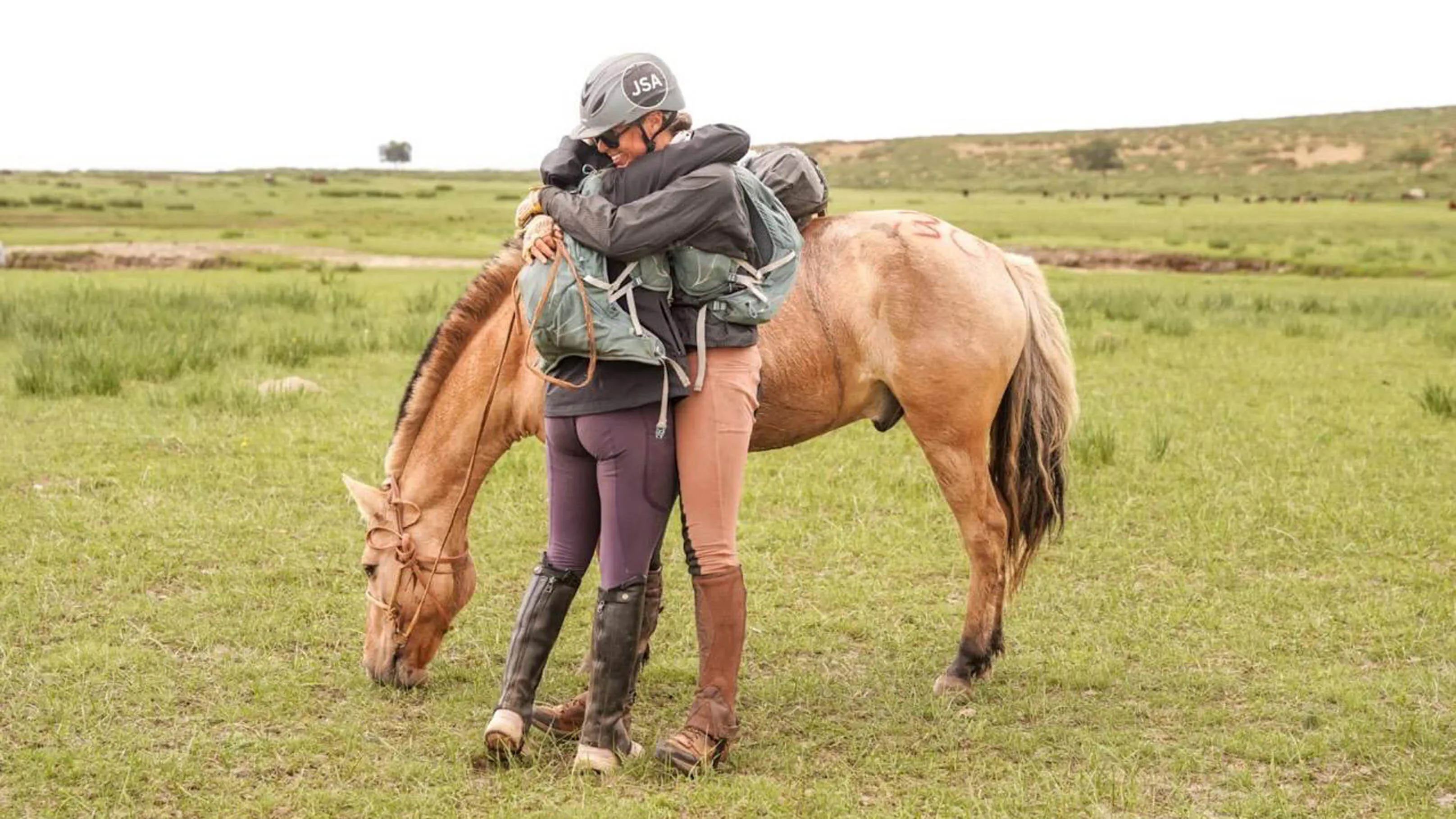 Lindsay Woods reunites with fellow rider Jarissa Sabal on Day Nine of the 2026 Mongol Derby. Sabal, who Woods said was "her best friend," had been separated for the entire race until they rode across the finish line together.