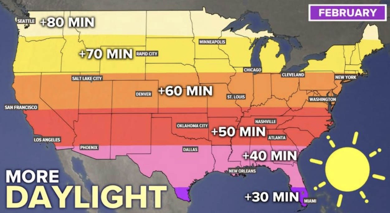 Map showing increase in sunlight for the month of February.