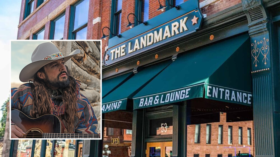 Sheridan native Ian Munsick is teaming up with The Landmark Hotel and Casino in Deadwood, S.D., to open a Munsick-themed restaurant that will feature live performances in a cowboy bar. (Munsick portrait by Ben Christensen; The Landmark Hotel and Casino courtesy photo in Cowboy State Daily illustration)