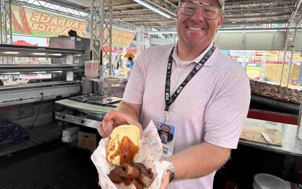 Nate Janousek, whose company Fun Biz is the exclusive concessionaire for Cheyenne Frontier Days, shows off the sliced brisket -- his favorite item.