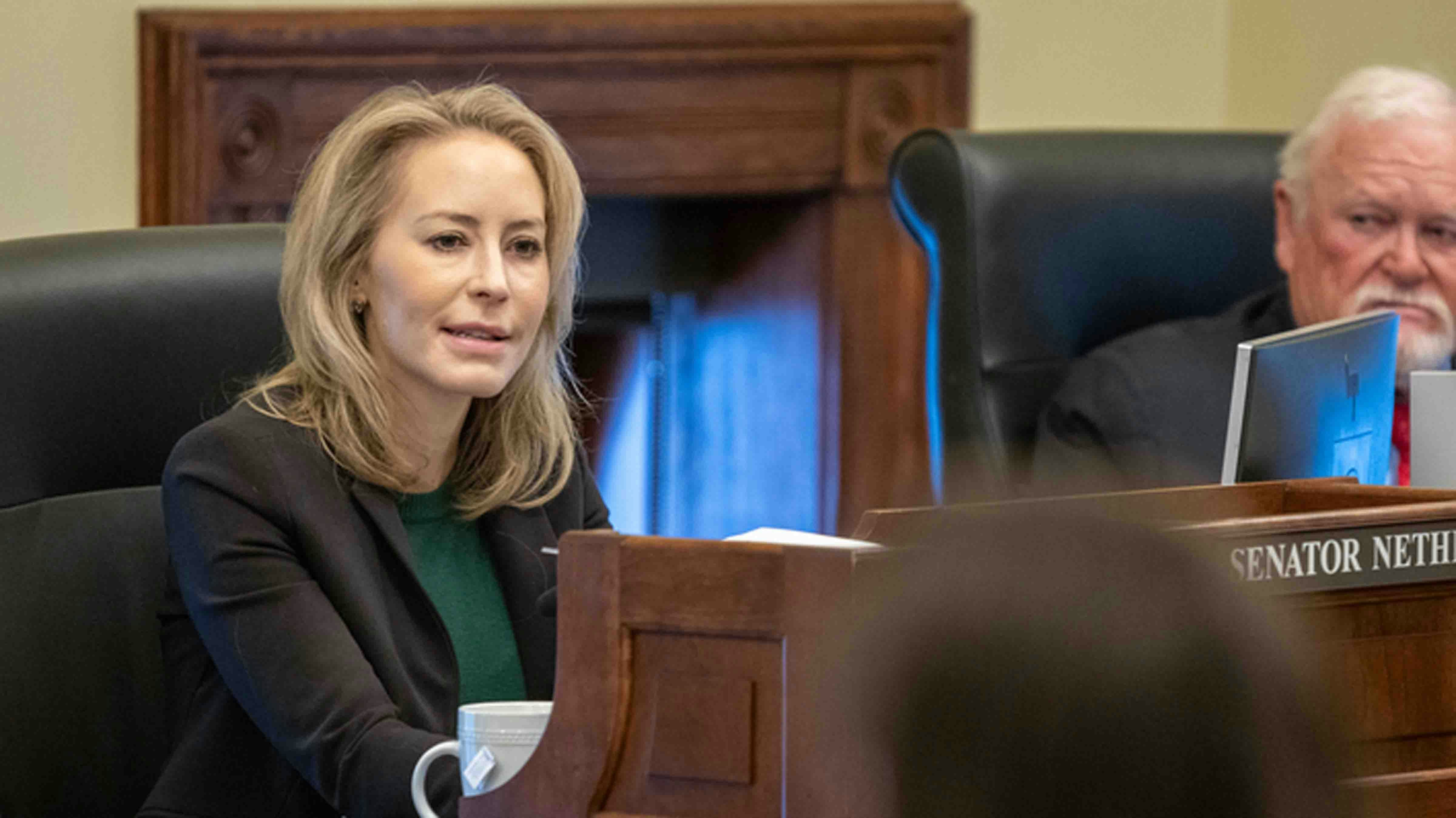 Senator Tara Nethercott speaks at the Appropriations Committee Meeting at the Wyoming State Capitol on December 12, 2023 in Cheyenne, Wyoming.