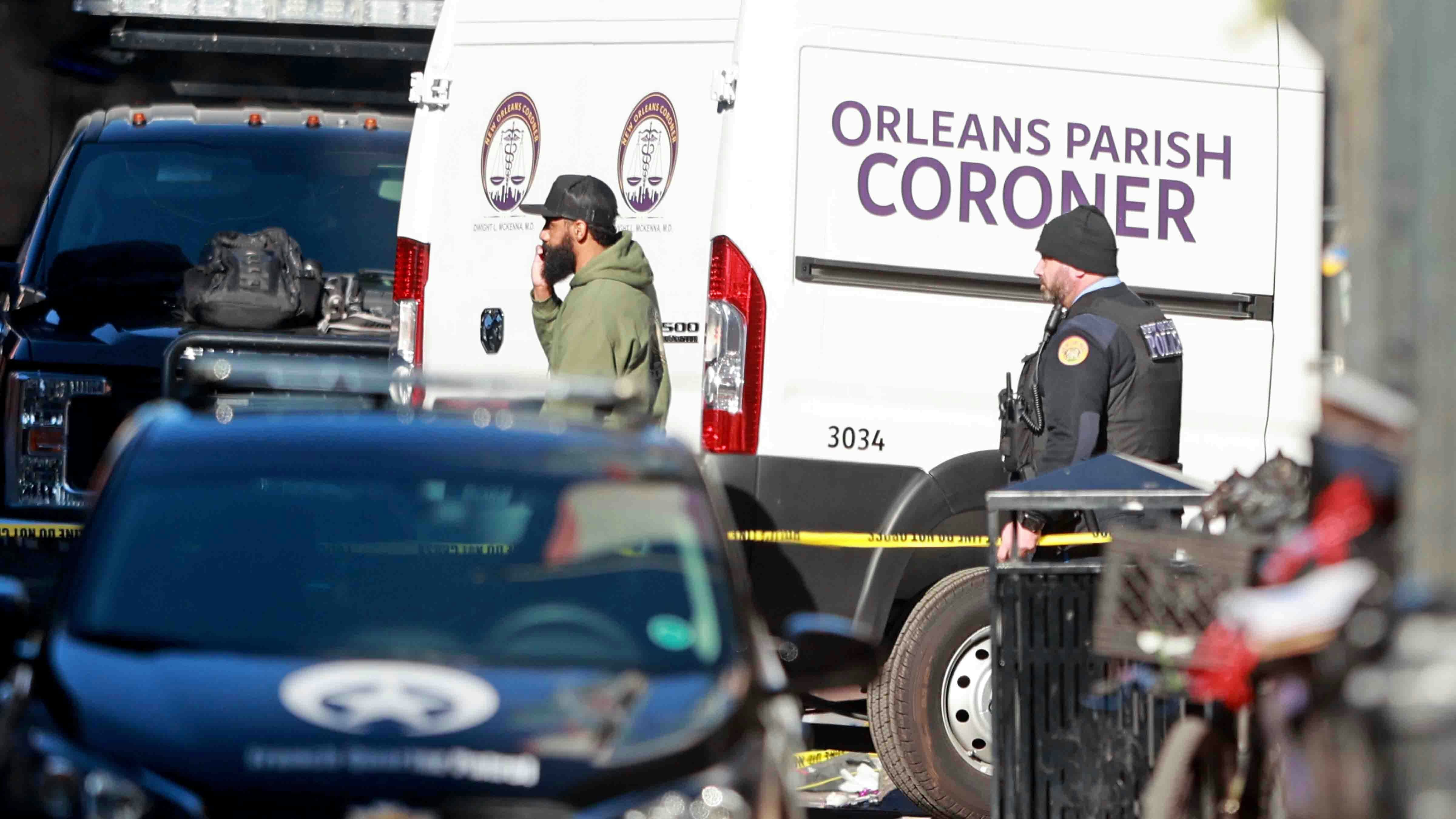 The Orleans Parish Coroner van returns to the scene on Bourbon Street after at least ten people were killed when a person allegedly drove into the crowd in the early morning hours of New Year's Day on January 1, 2025 in New Orleans, Louisiana.