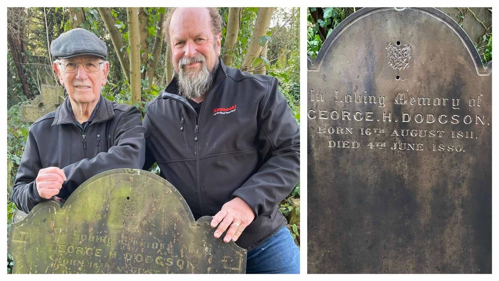 Nick Dodgson and his father after finding the headstone of his great, great, great-uncle in a cemetery of 60,000 gravestones.