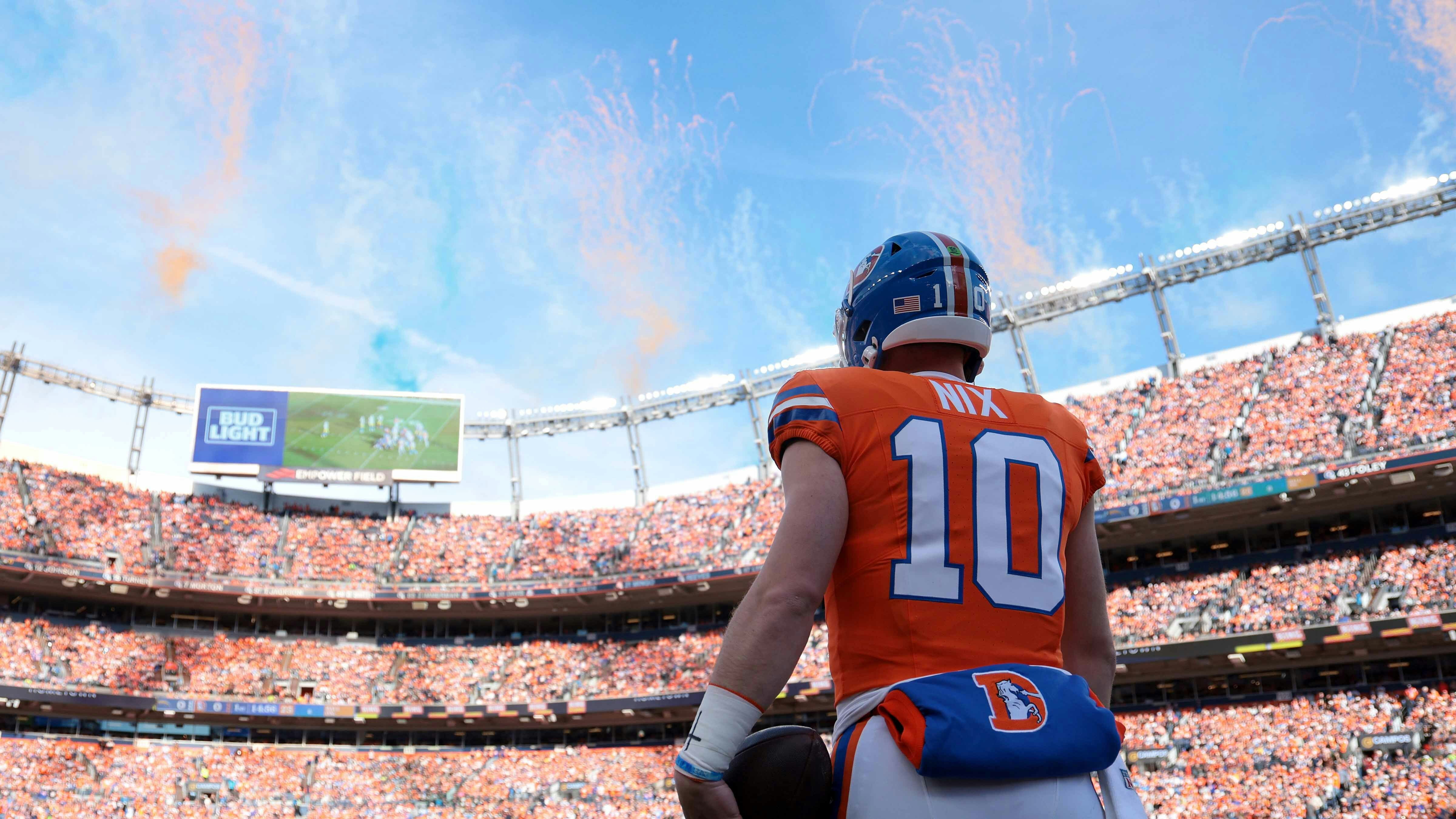 Bo Nix of the Denver Broncos looks on before the game against the Los Angeles Chargers at Empower Field At Mile High on Jan. 4, 2026, in Denver.