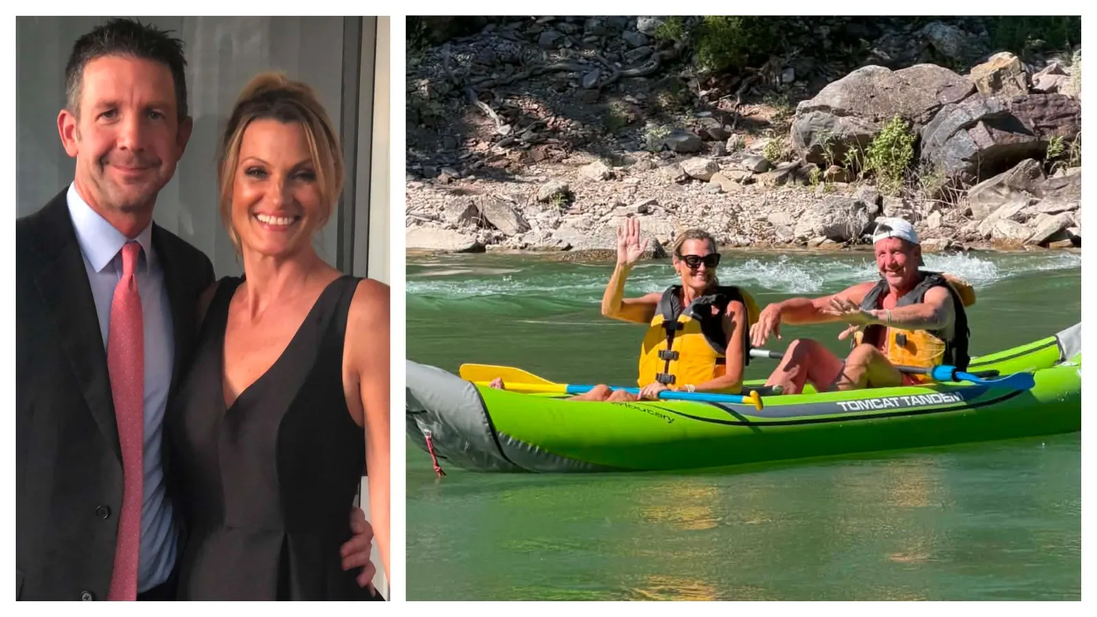 Tory J. Raether smiles with his wife, Jean (left). Tory J. Raether and his wife, Jean, paddle an inflatable kayak on the Snake River near Alpine just hours before Raether disappeared after entering the water near Jump Rock on July 4 (right)