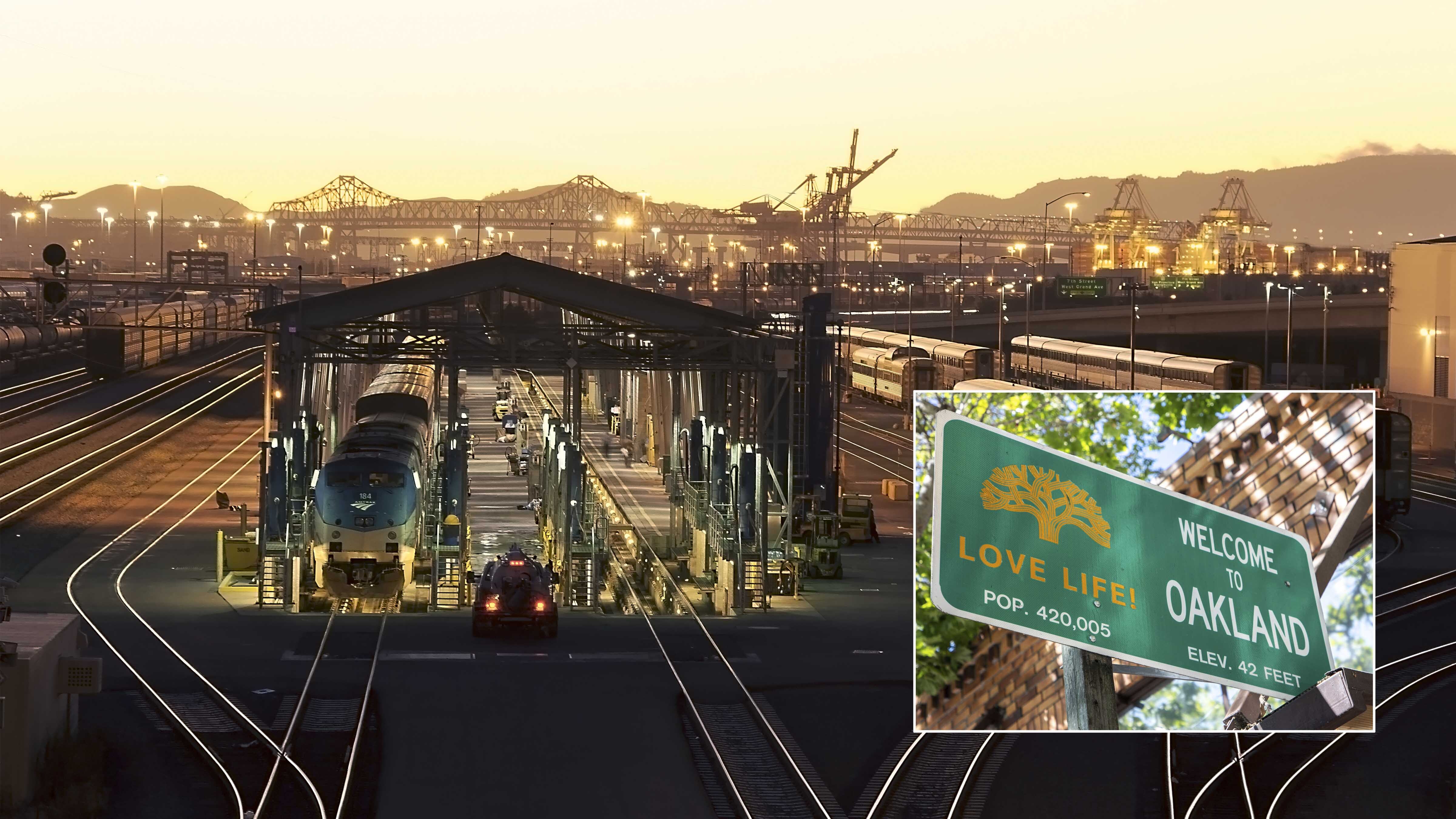 Union Pacific Railroad Yard in Oakland, California (Getty). Inset: Welcome to Oakland sign (Alamy)