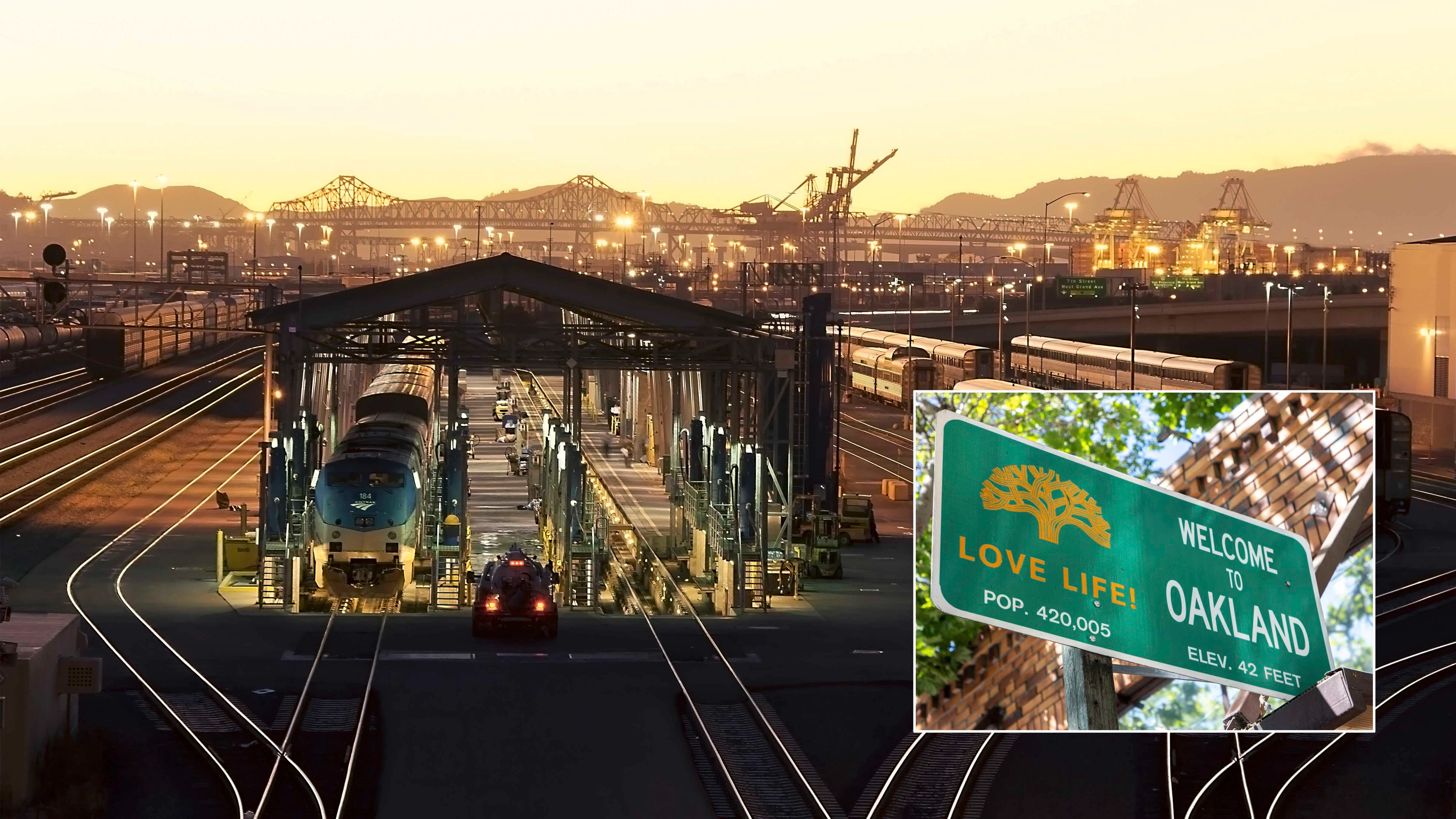 Union Pacific Railroad Yard in Oakland, California (Getty). Inset: Welcome to Oakland sign (Alamy)