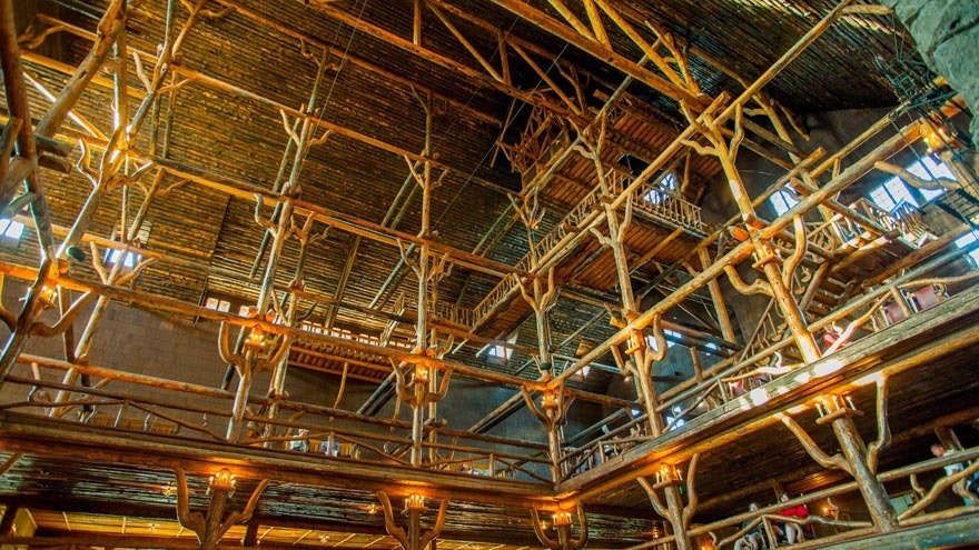 The interior of the Old Faithful Inn, a national historic landmark, in Yellowstone National Park in Wyoming, United States.