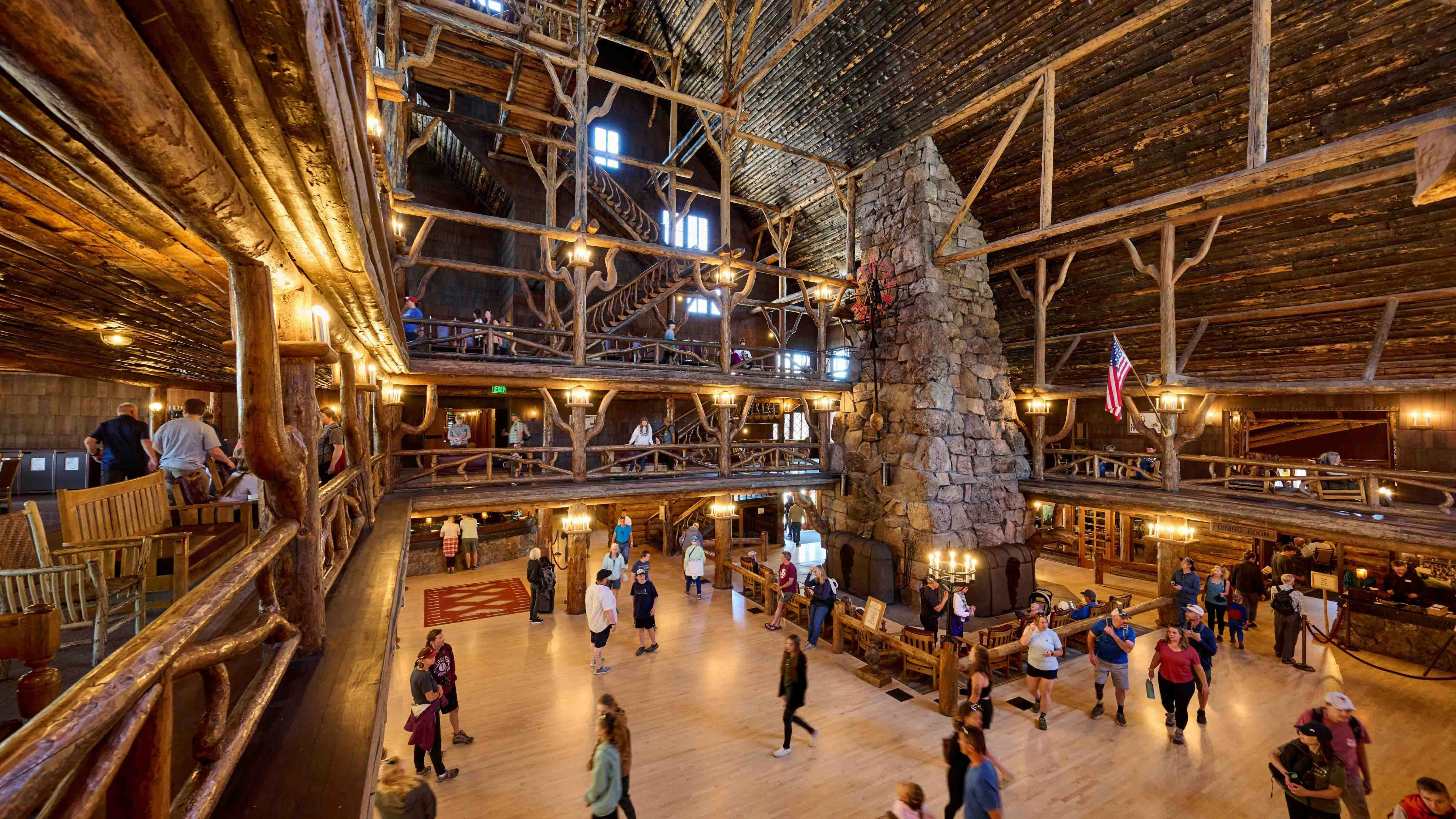 interior shot of wooden architecture of Old Faithful Inn, Yellowstone National Park, Wyoming, United States of America