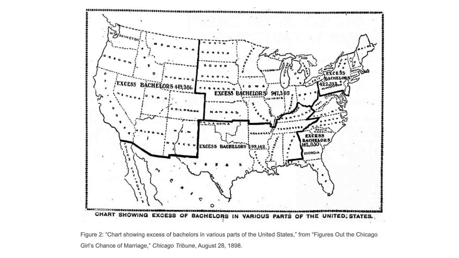 To encourage single women to marry, the U.S. Census Bureau published an “Old Maids Chart” in 1898 depicting areas of the country with the greatest density of bachelors.