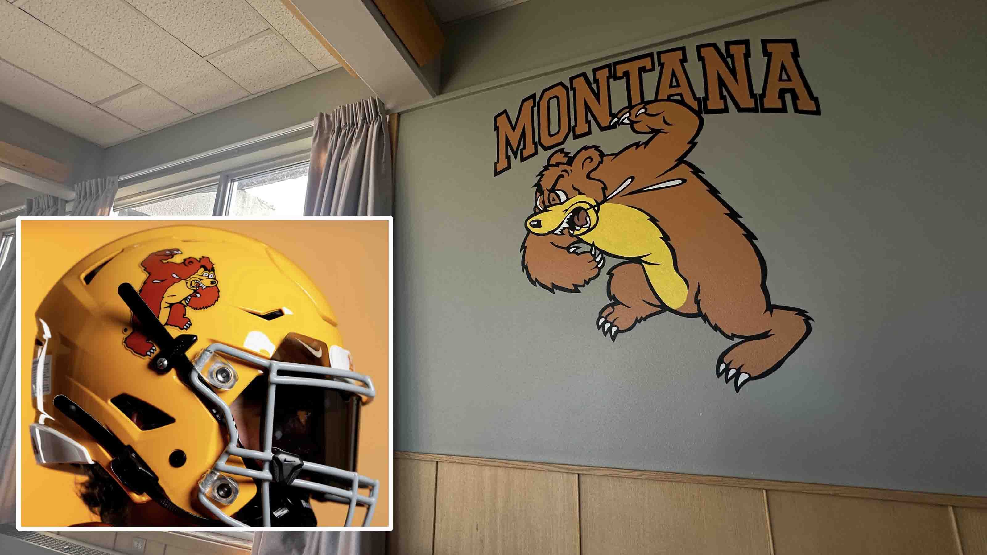 Otto the Slobbering Bear on the Jesse Hall dormitory at the University of Montana. Inset: Otto appears on the football helmets