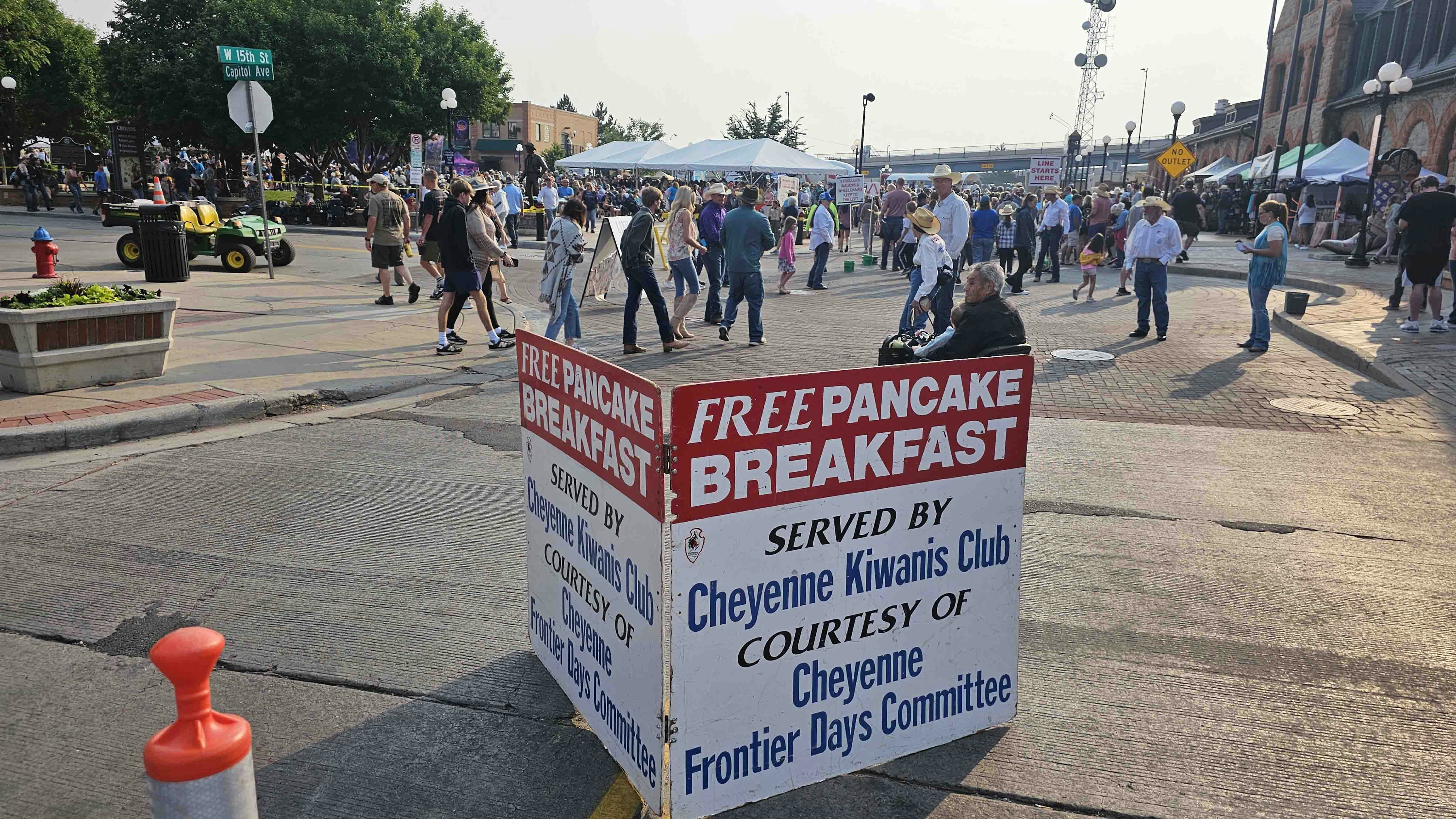 A river of hungry humanity streams into the Cheyenne Depot, which has been transformed into Pancake Central for the free pancake feed, which happens three times over Cheyenne Frontier Days.