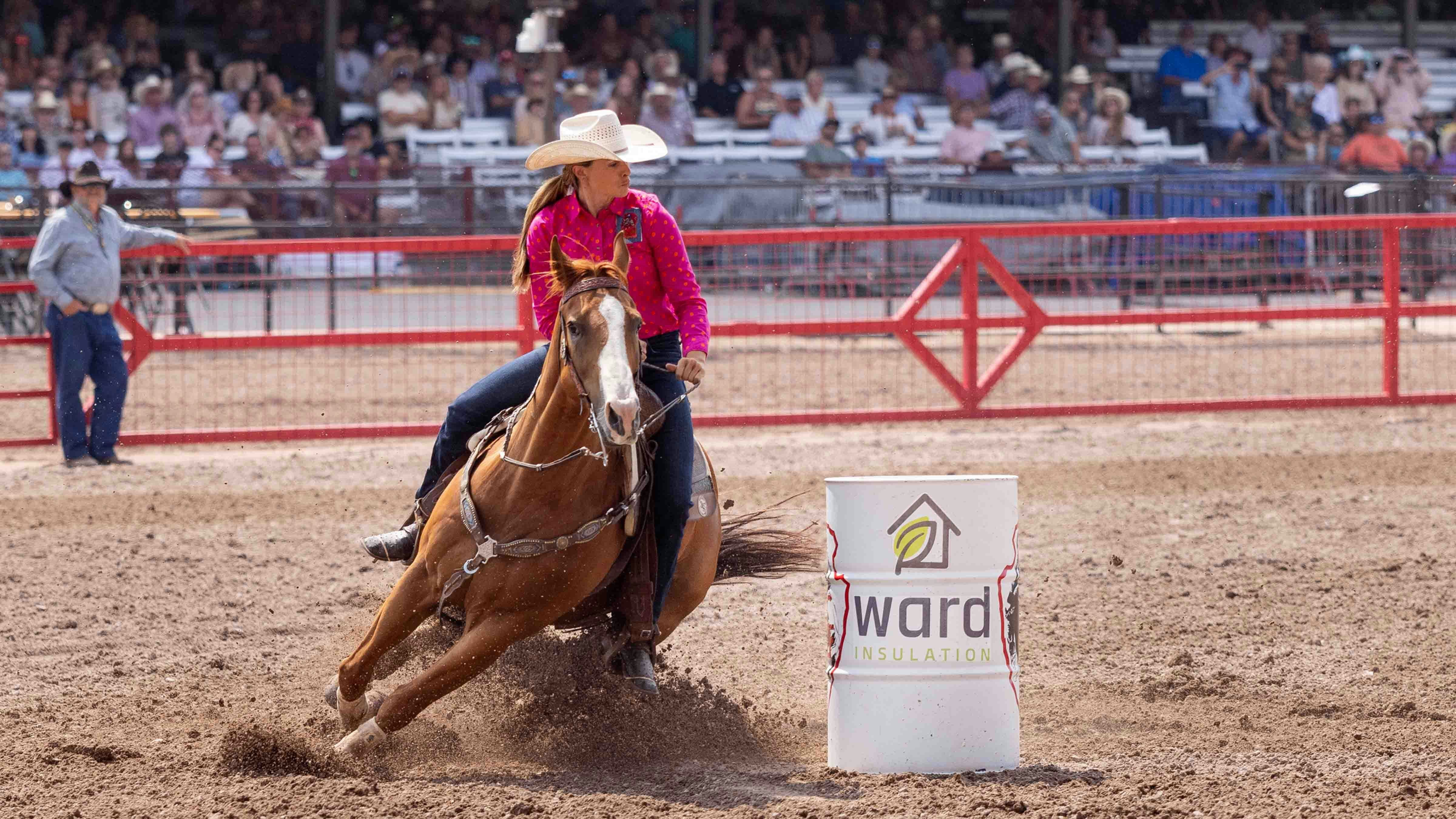 Shyann Lucas from Jackson, WY runs the barrels at Cheyenne Frontier Days on July 23, 2024.