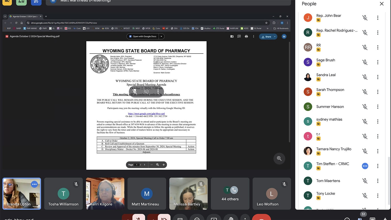 Along with not taking comment in person, those attending the Wyoming Pharmacy Board meeting Wednesday, Oct. 2, 2024, were muted.