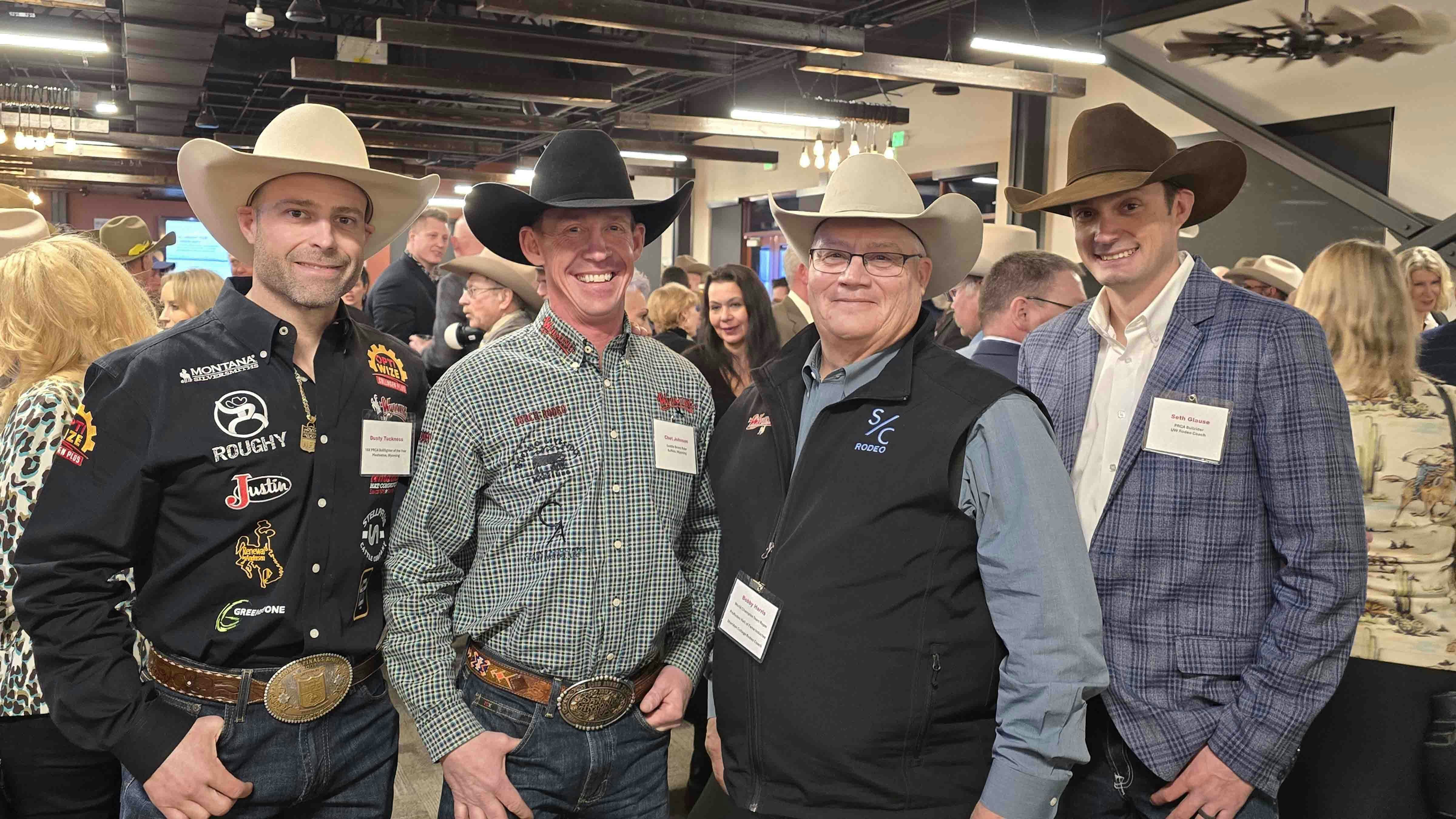 Members of Team Wyoming were on hand to support the PRCA and Wyoming during a legislative reception hosted by Cheyenne LEADS. From left, 10X PRCA bull fighter Dusty Tuckness, veteran saddle bronc rider Chet Johnson, World Champion Team Roper and PRCA Hall of Famer Bobby Harris, and University of Wyoming Rodeo Coach, Seth Glause.