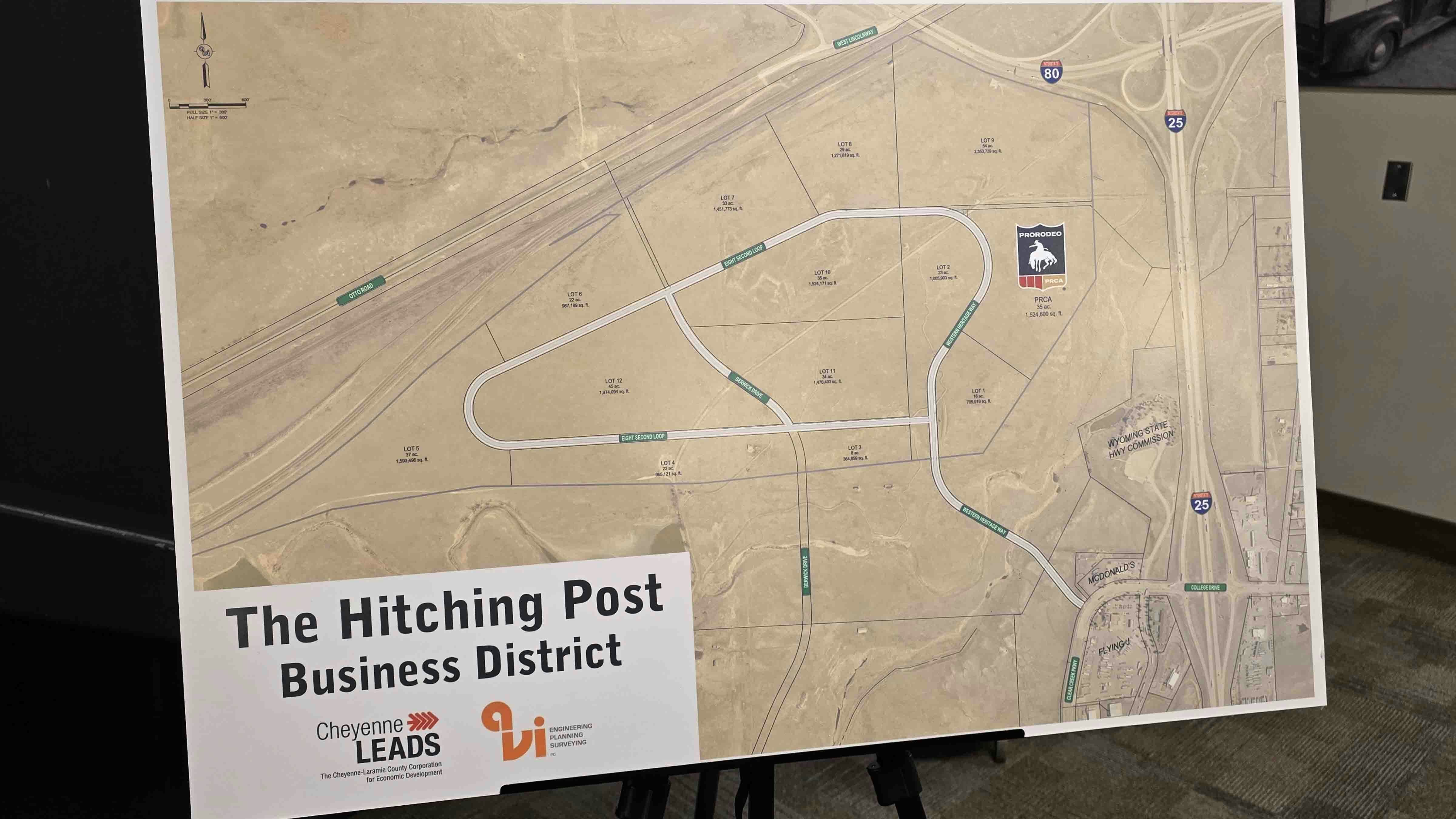 A map of the proposed new location for the PRCA headquarters and its Hall of Fame and Museum of the American Cowboy shows it just south of Little America and just north of the Horse Palace Swan Ranch. The Hitching Post Business District will have 13 different lots.