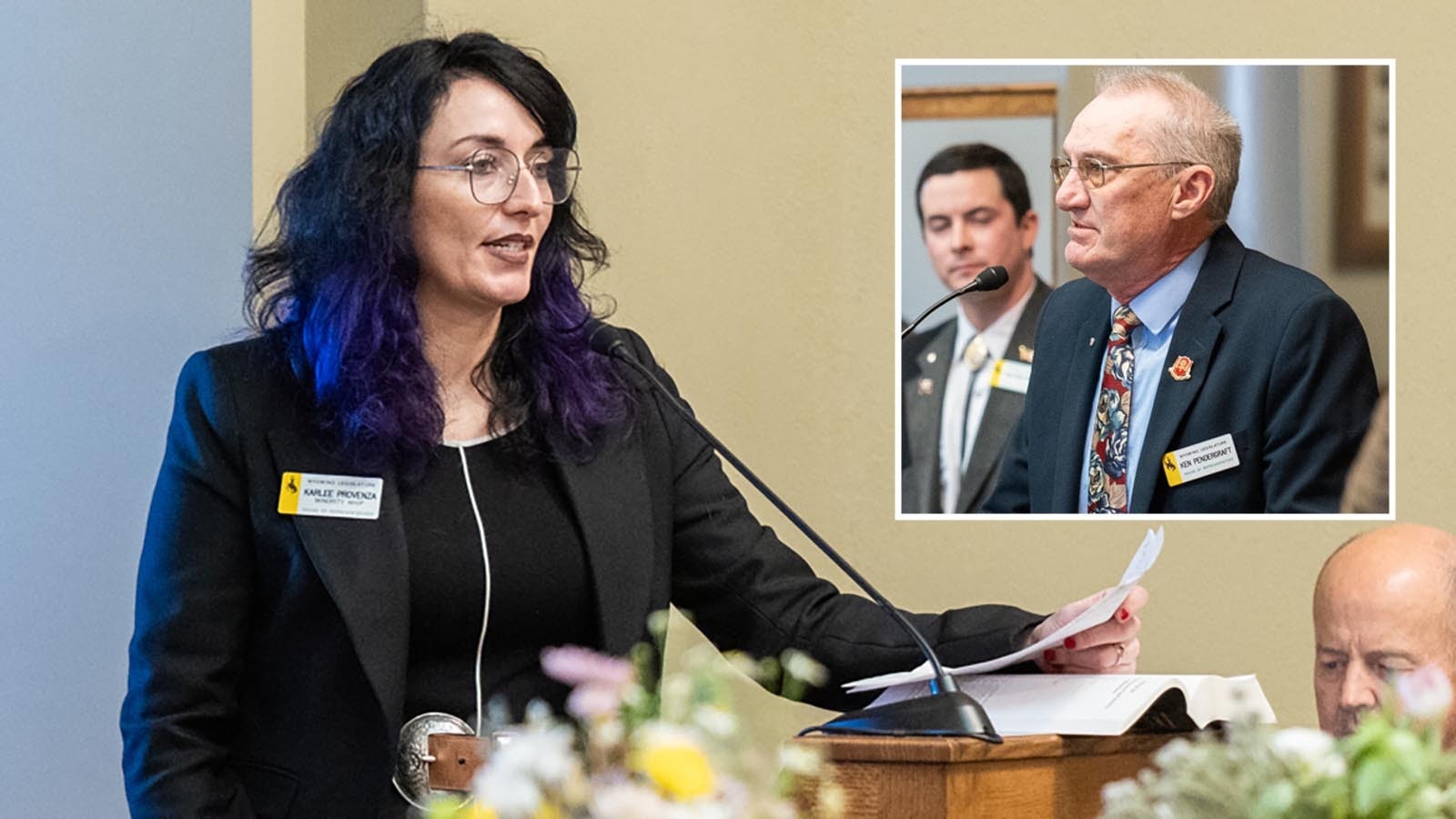 State Reps. Karlee Provenzea, D-Laramie, and Ken Pedergraft, R-Sheridan, were part of a spirited debate over private property rights on the floor of the Wyoming House at the Capitol in Cheyenne on Jan. 20, 2025.