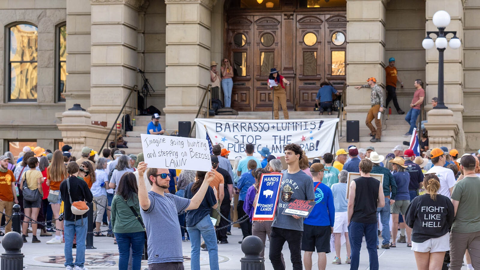 Wyoming state Rep. Karlee Provenza, D-Laramie, leads hundreds of people in a rally at the Wyoming Capitol on Thursday, June 26, 2025, to protest a proposed sale of federal public lands.