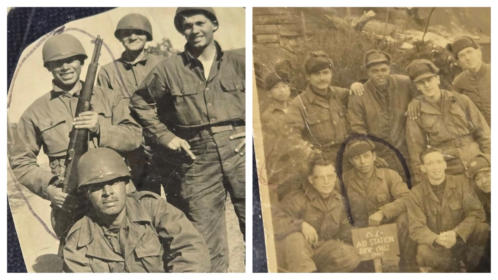 Left, a photo of soldiers apparently taken during the Korean War that is included with the American flag. Right, soldiers posing with an aid station sign. They are wearing caps that could indicate the Korean era.