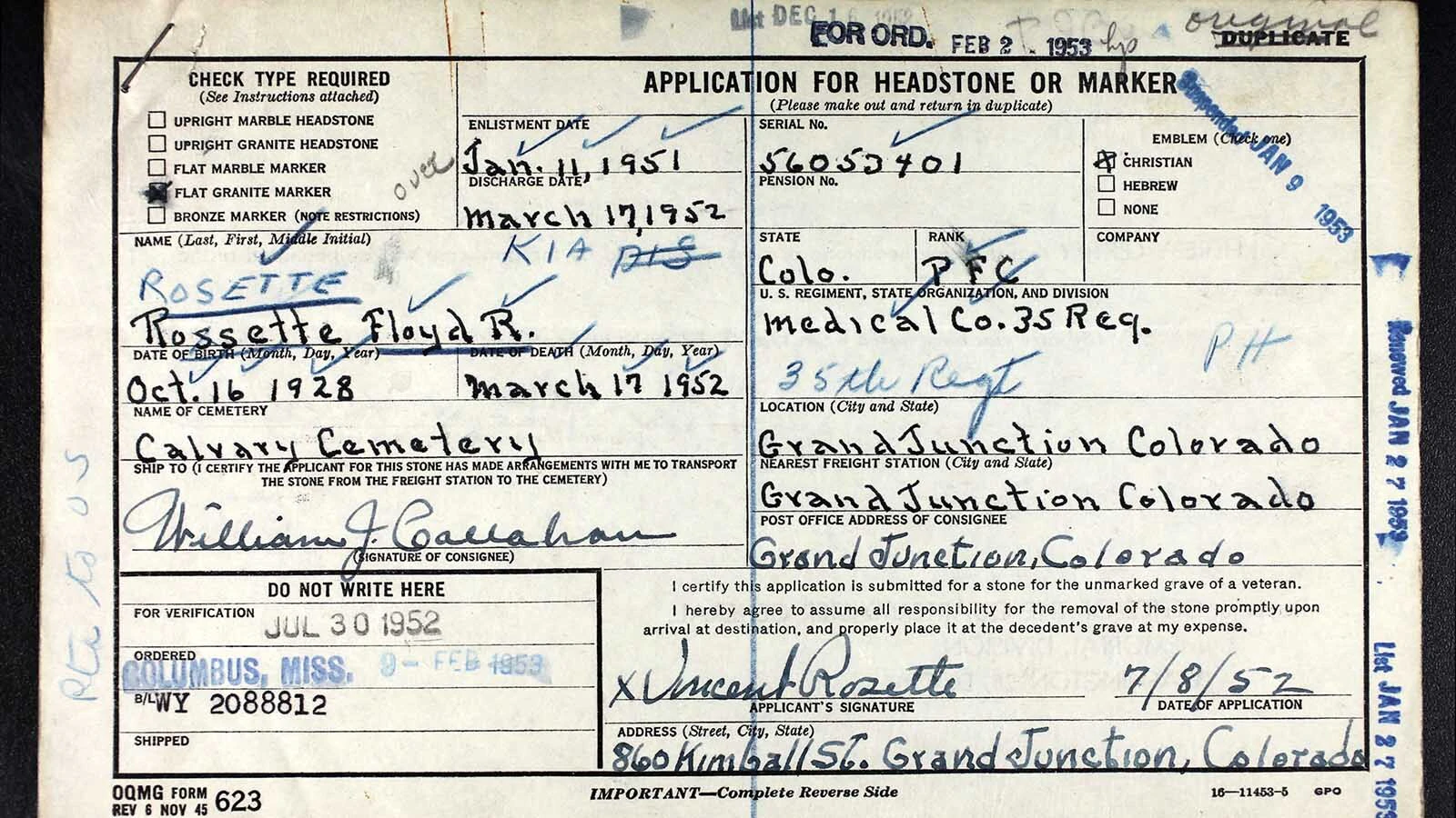 An application for a grave marker for Pfc. Floyd Rosette from 1952.