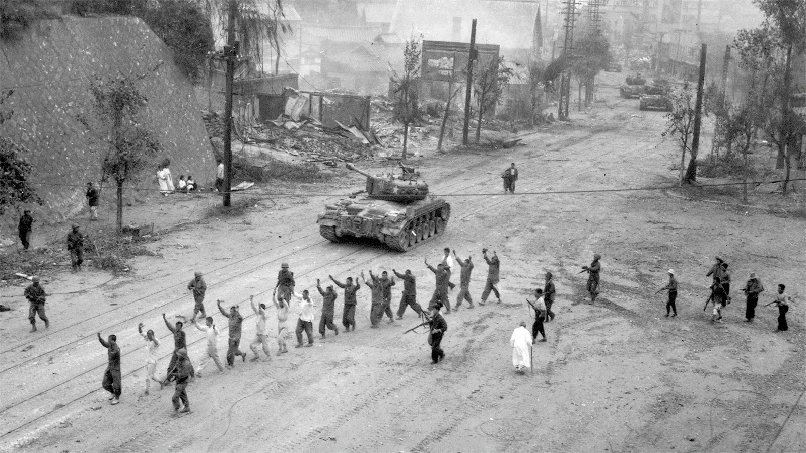 Tanks on a road during the Korean War.