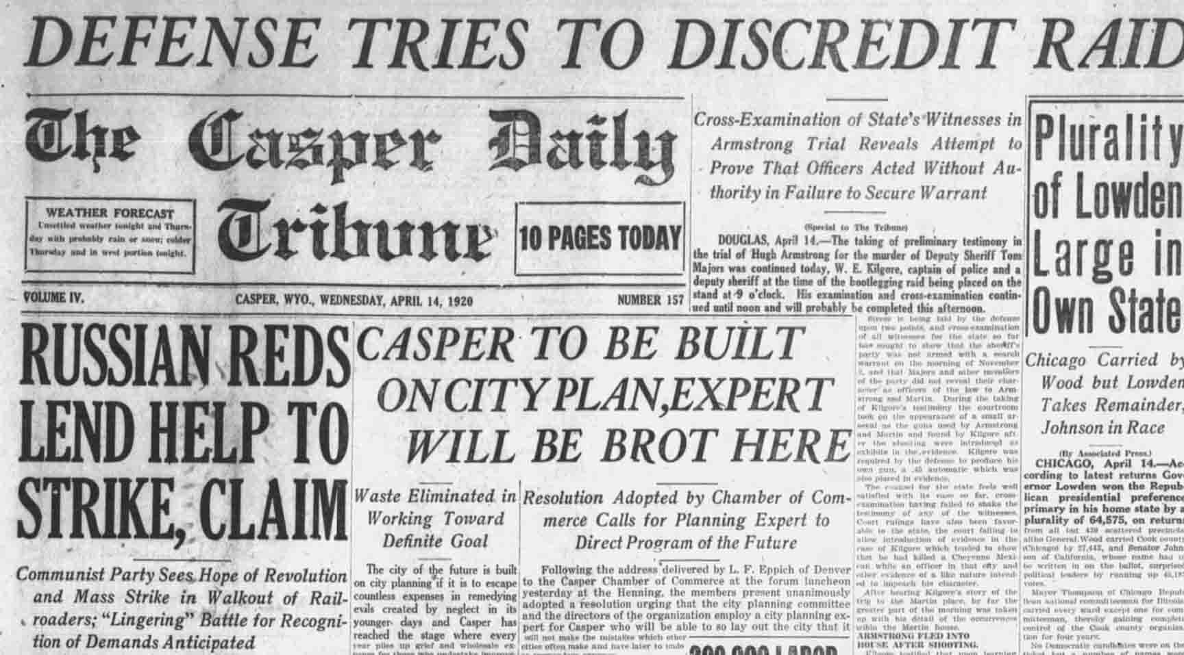 Tactics by the defense attorneys in an April 1920 trial are chronicled in the Casper Daily Tribune on April 14, 1920.