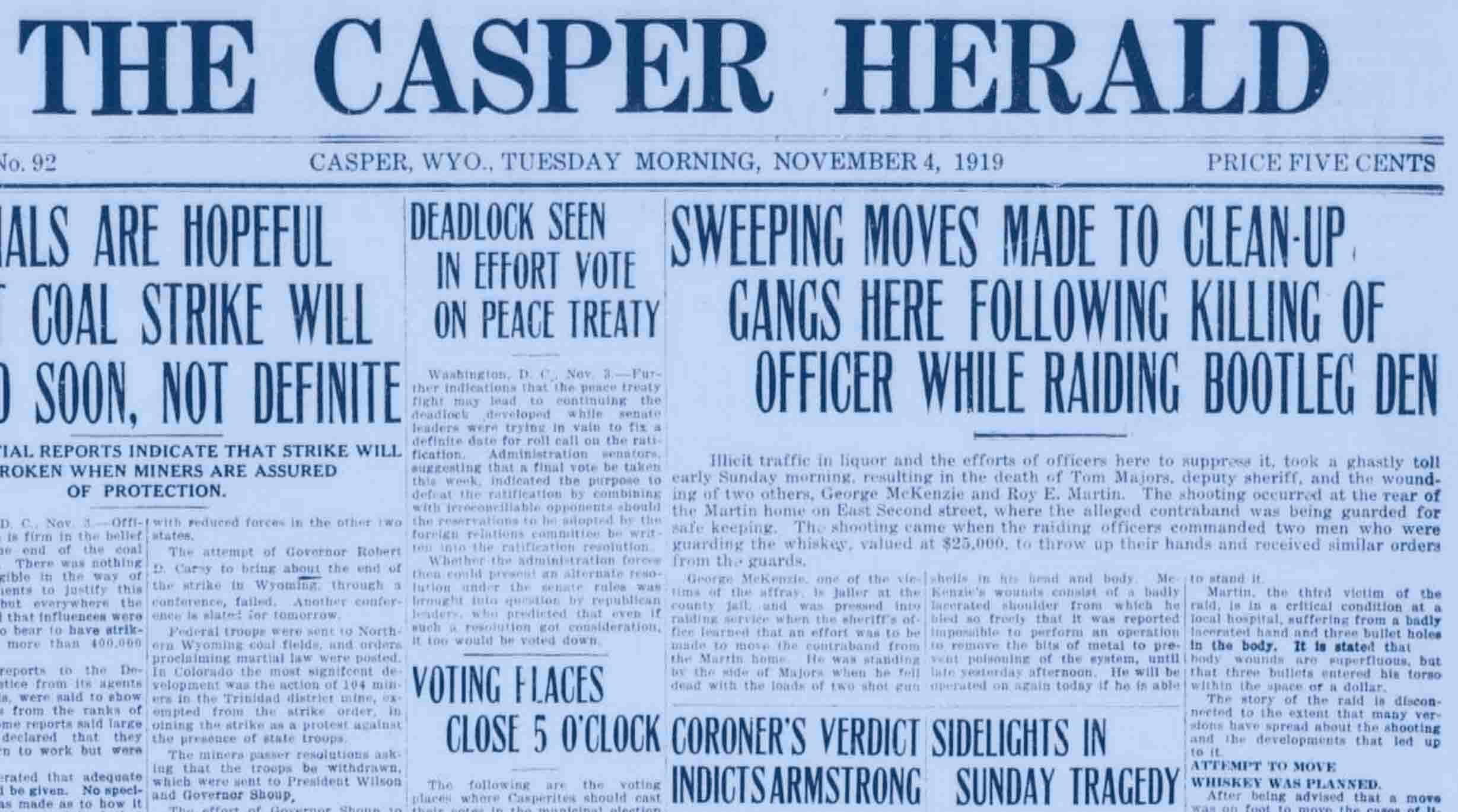 The Casper Herald announces the raid on whiskey cases on Nov 2, 1919 on its front page.