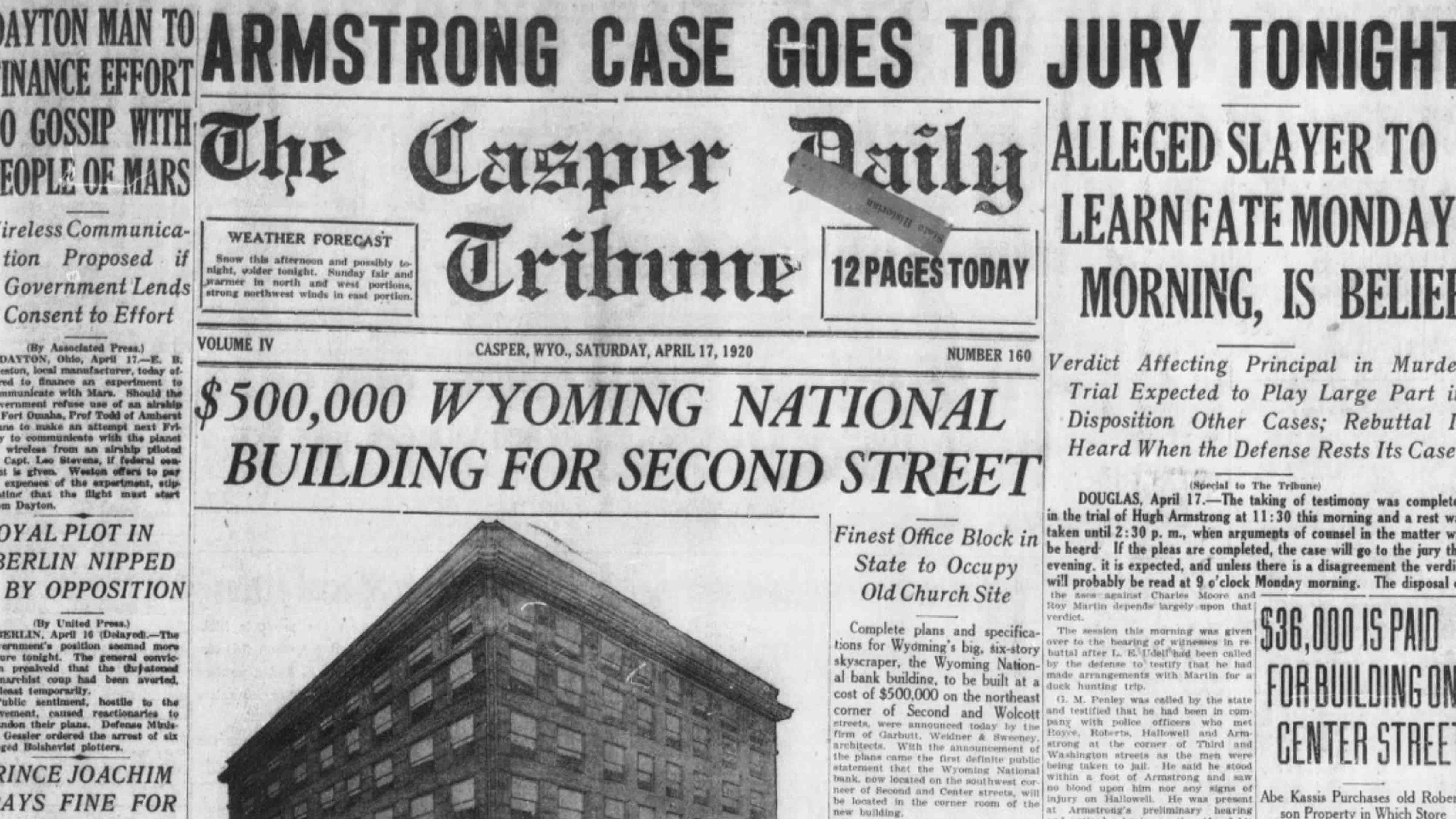 Headlines in the Casper Daily Tribune announce the case against Hugh Armstrong in a Douglas, Wyoming courthouse is headed to a jury.