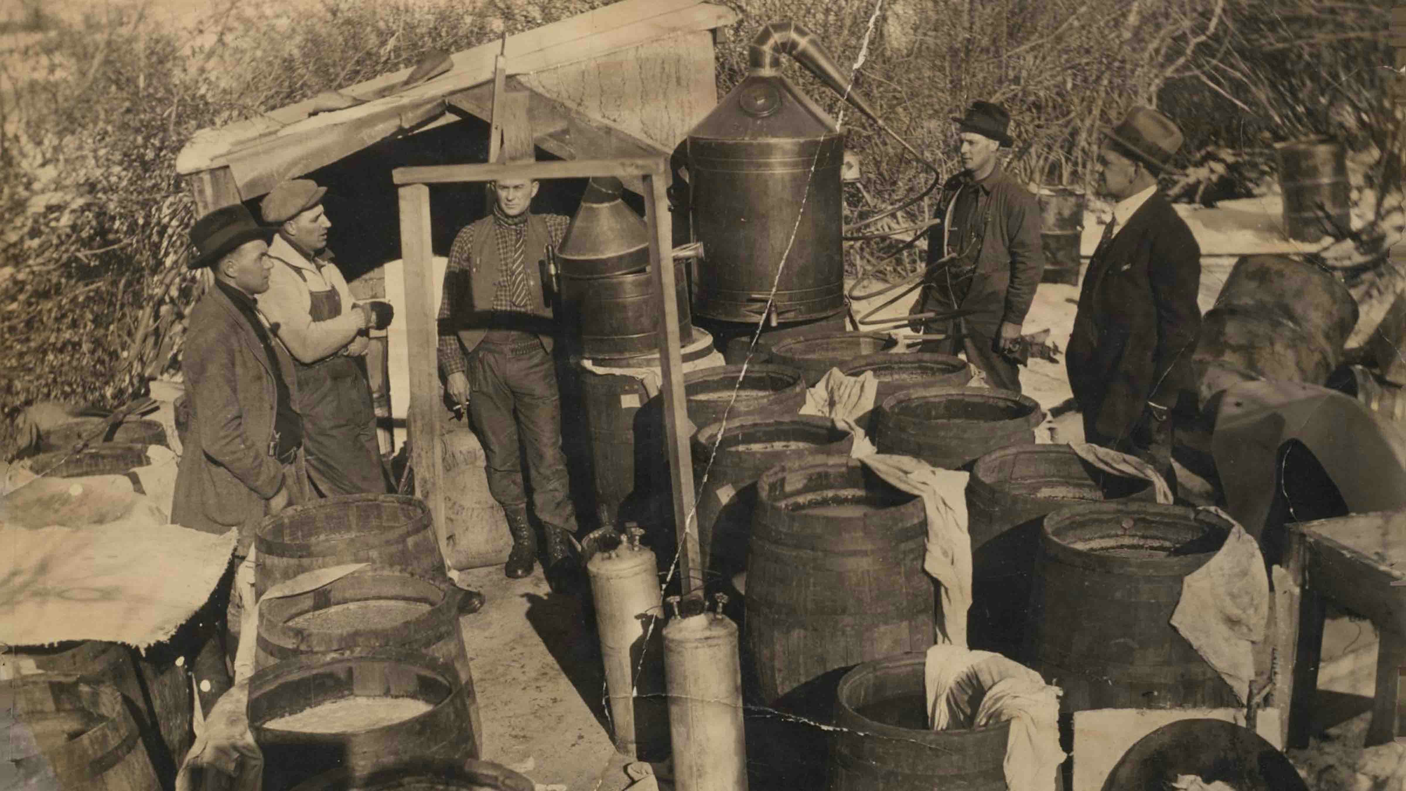 The raid on the whiskey cases in 1919 became the first of many in ensuing years. Here is a photo of a raid on a still in the Casper area in later years.