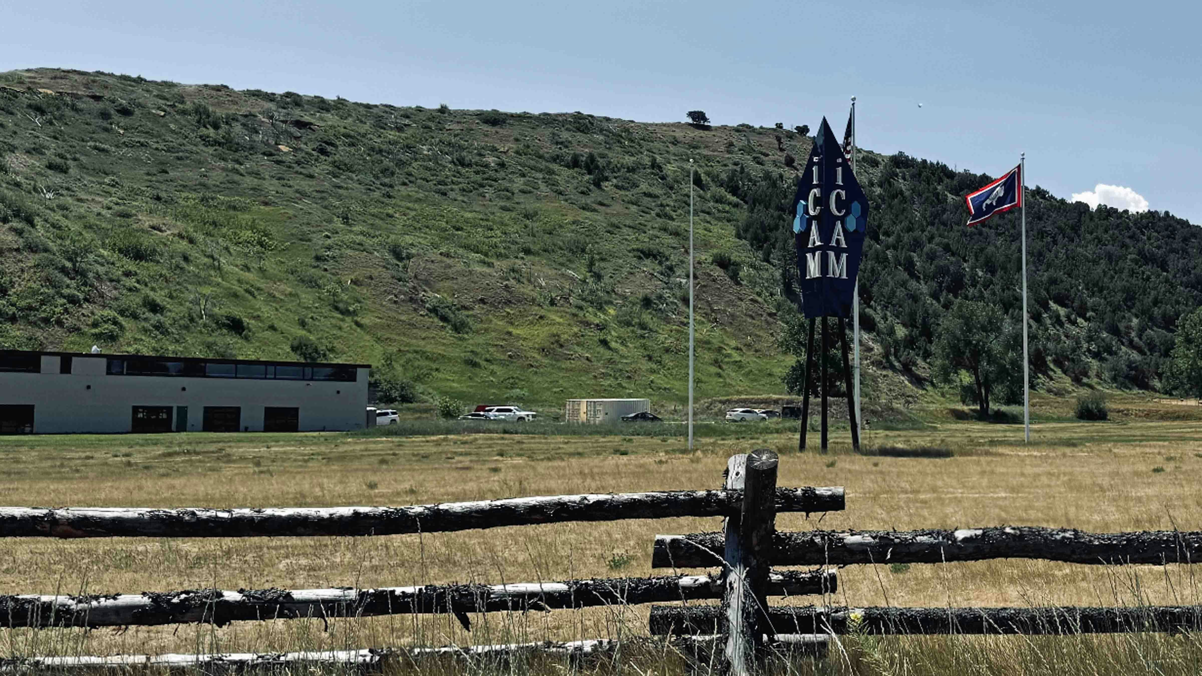 A monument with the ICAM label on its side stands in front of Ramaco Resources’ research campus in Ranchester, Wyoming. The campus, called iCAM, or Innovation of Carbon Advancement of Materials – has a team of roughly 15 research scientists looking at different applications for turning coal into other products.