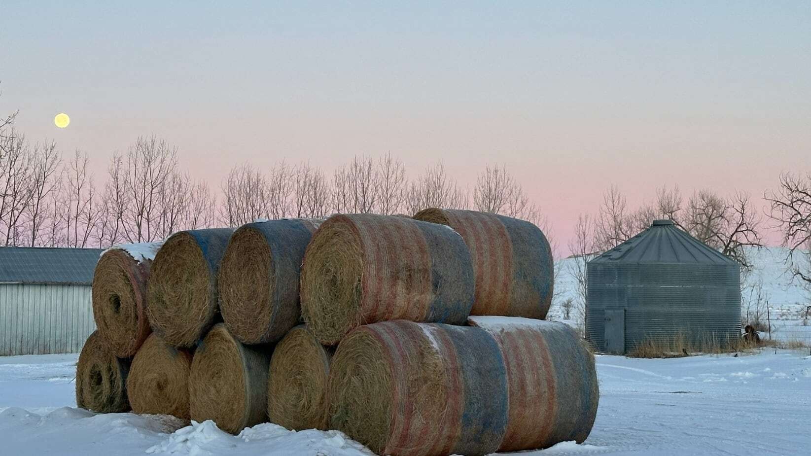 "This is from Weston, WY in Campbell County. Comforting to have a pile of hay for the critters with all the cold and snow. And a bright moon this morning."