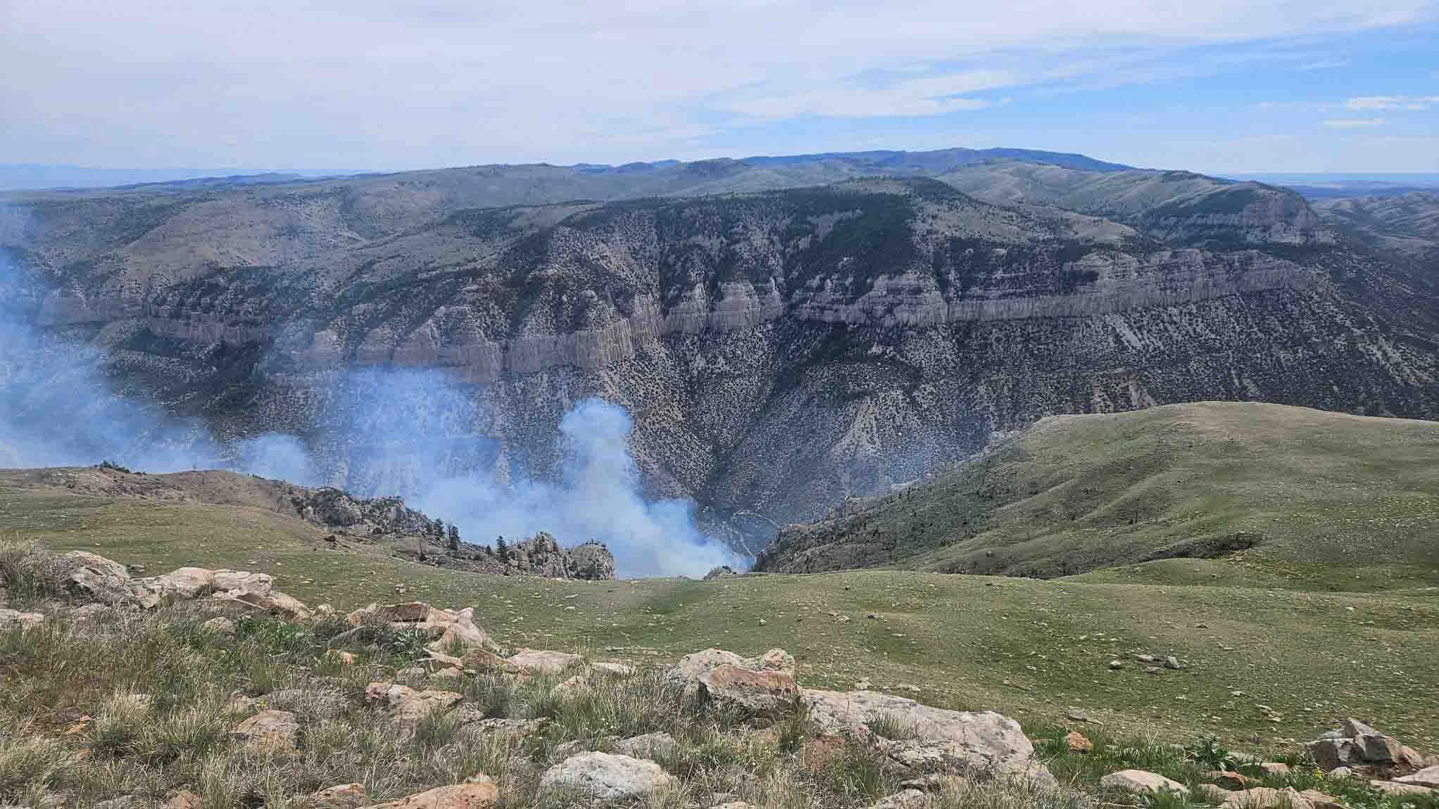 Wind River Canyon Fire from the Arapaho Ranch. Fire has not yet reached the rim.