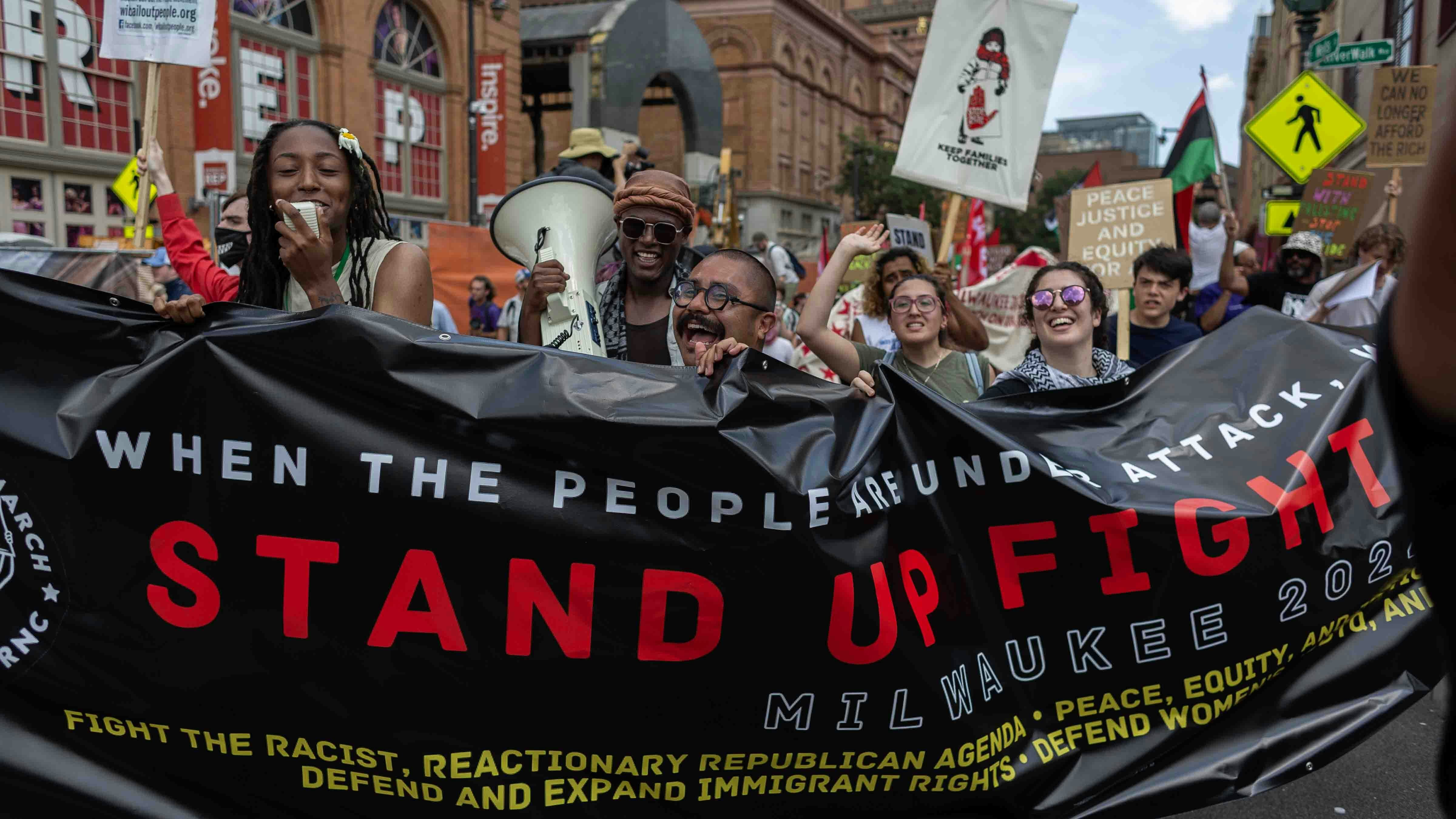 Pro-Palestine protesters march through the streets of downtown Milwaukee as the Republican National Convention begins on July 15, 2024 in Milwaukee, Wisconsin.