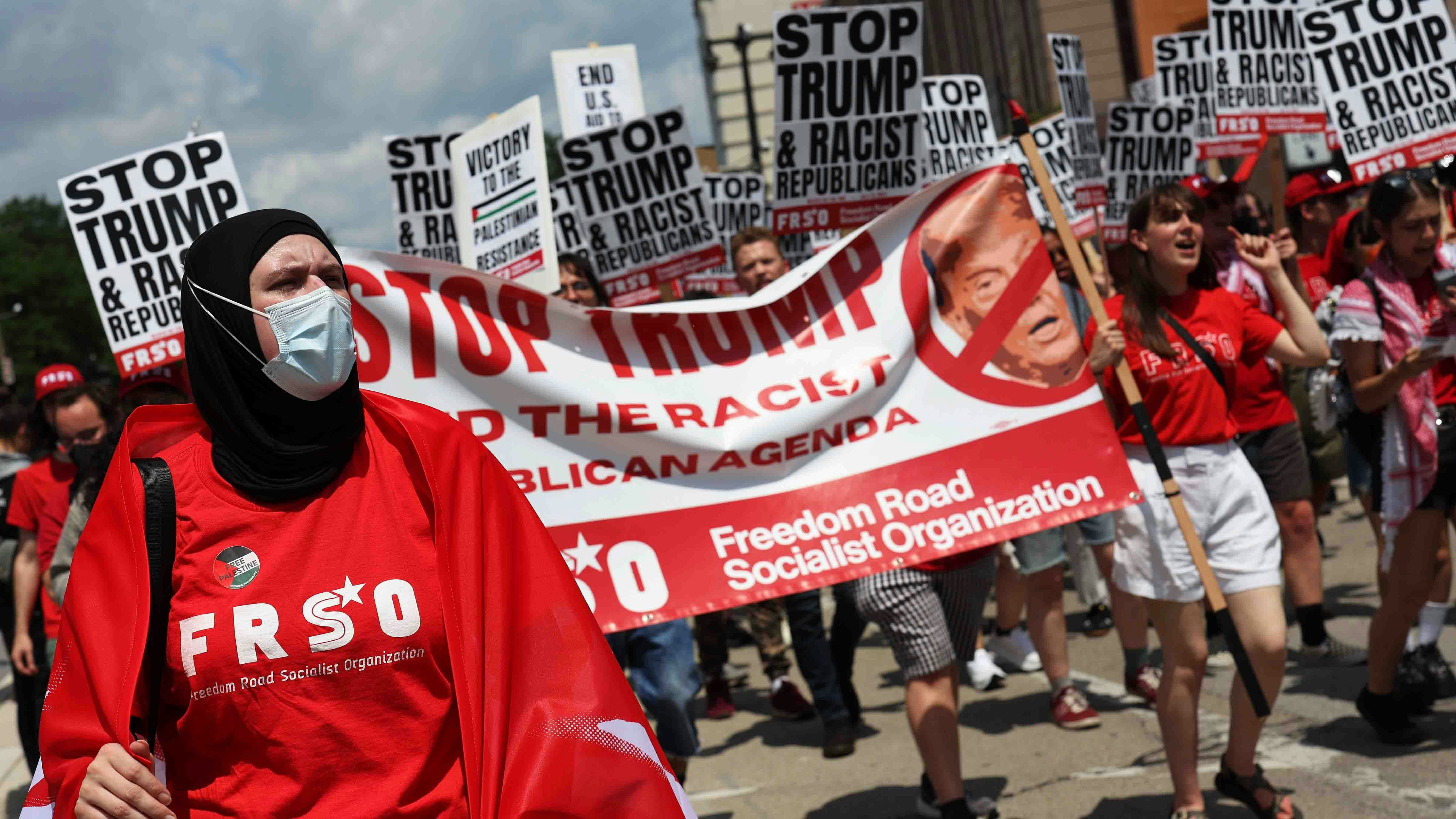 People participate in the Coalition to March on the RNC on July 15, 2024 in Milwaukee, Wisconsin.