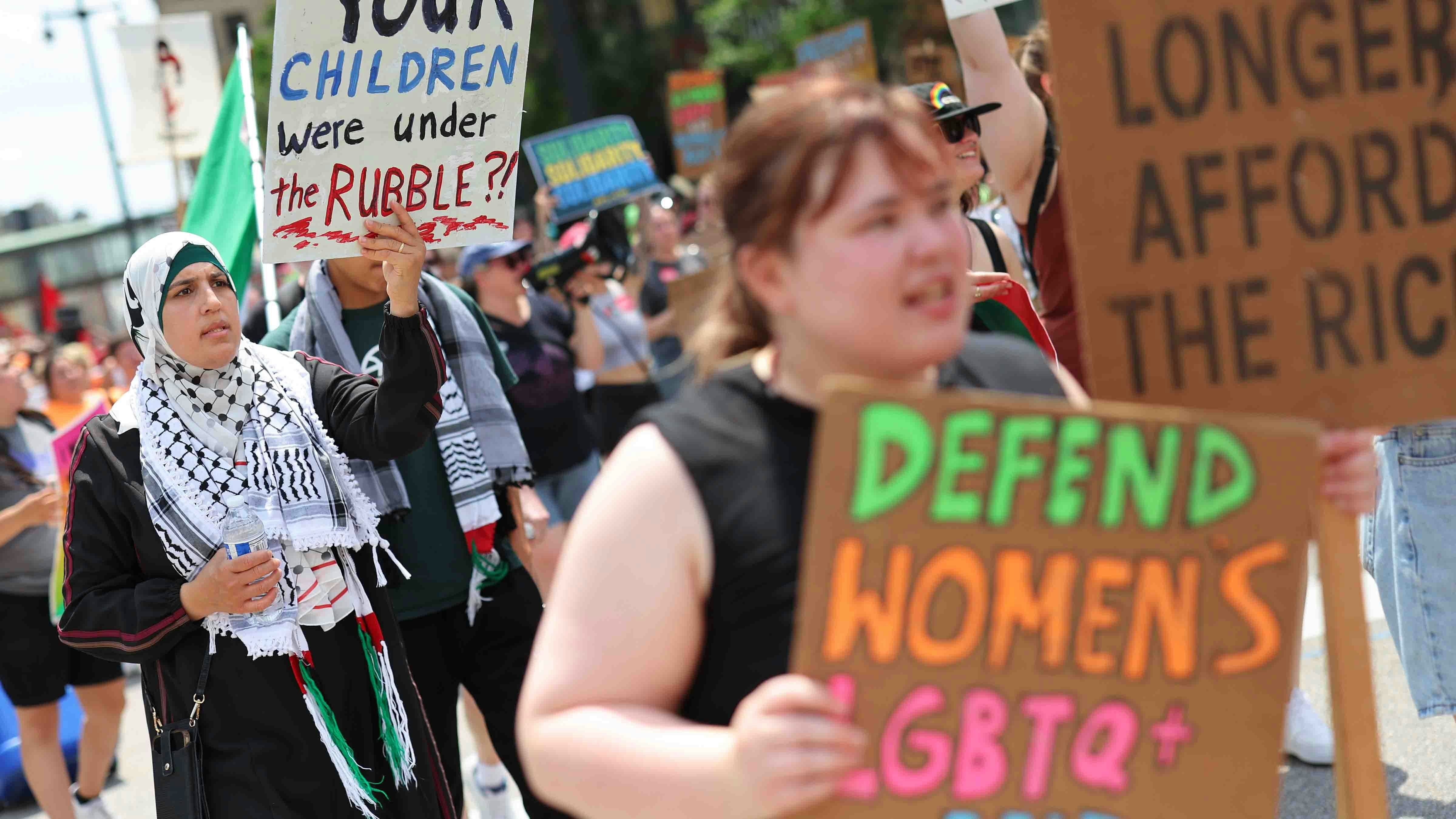 People participate in the Coalition to March on the RNC on July 15, 2024 in Milwaukee, Wisconsin.