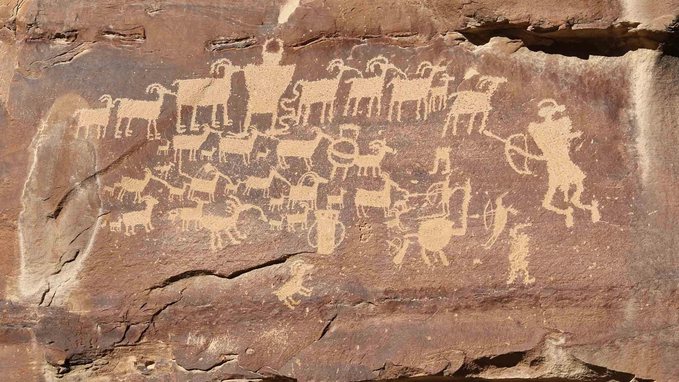 The most well-known and impressive of the rock art features in Nine Mile Canyon is “The Great Hunt” which clearly depicts hunters who have bow and arrows and a large herd of animals.