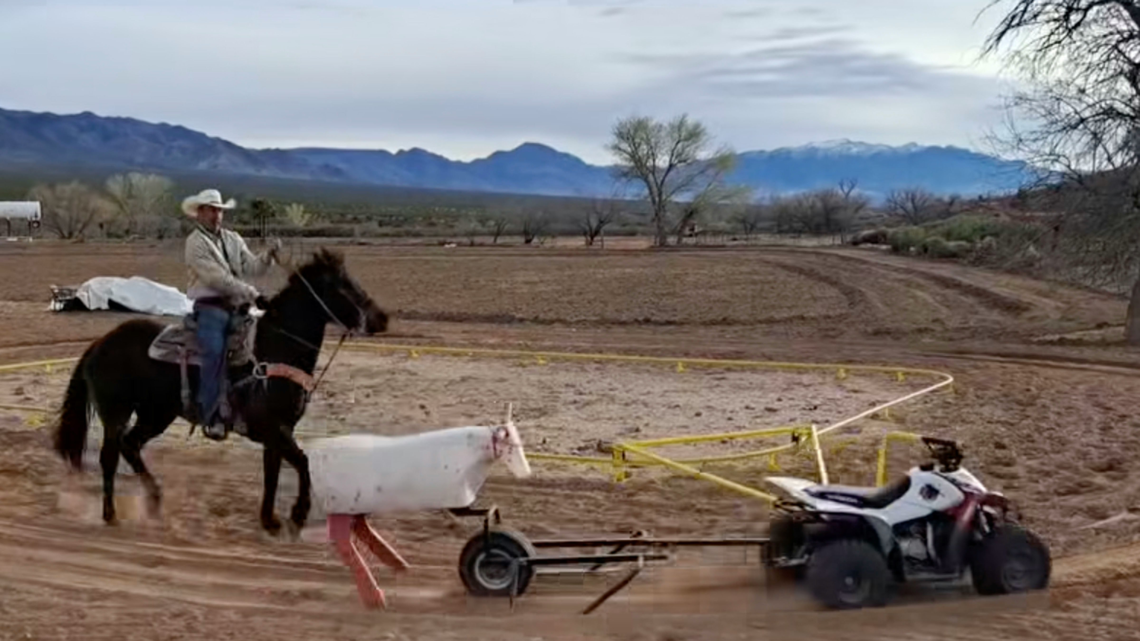 To streamline steer roping practice, people started pulling dummy cows with ATVs. Then a pair of cowboy engineers took it a step further and built the "Rope Hog," where a dummy cow is pulled along by an ATV controlled with an ordinary vehicle key fob.