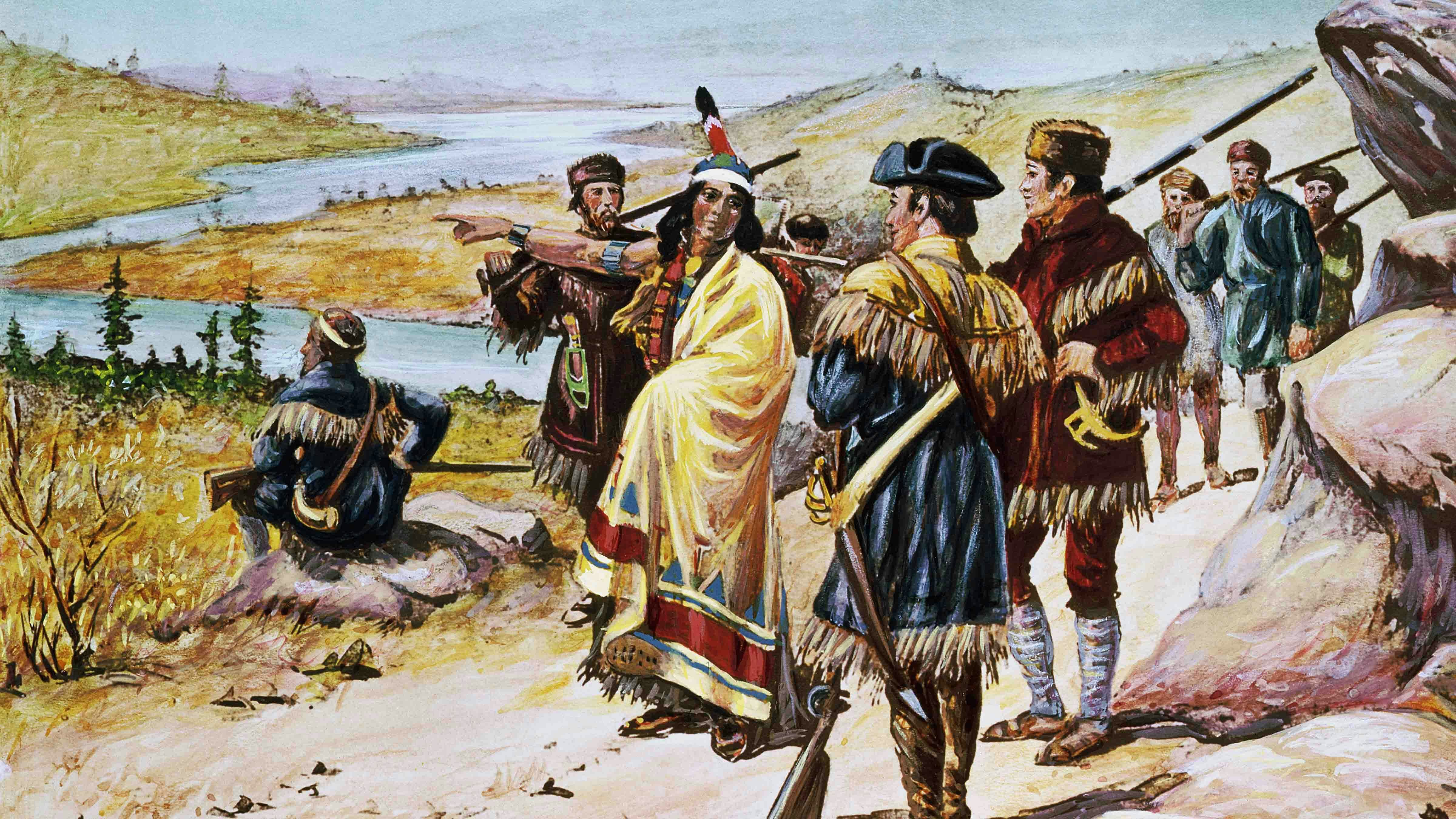 Lewis and Clark expedition - Sacajawea guiding the expedition from Mandan through the Rocky Mountains. Painting by Alfred Russell.