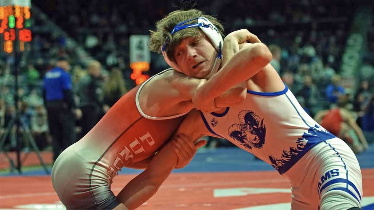 Dubois High School senior Sammie Cyrus competing in a 106-pound division a wrestling matching.